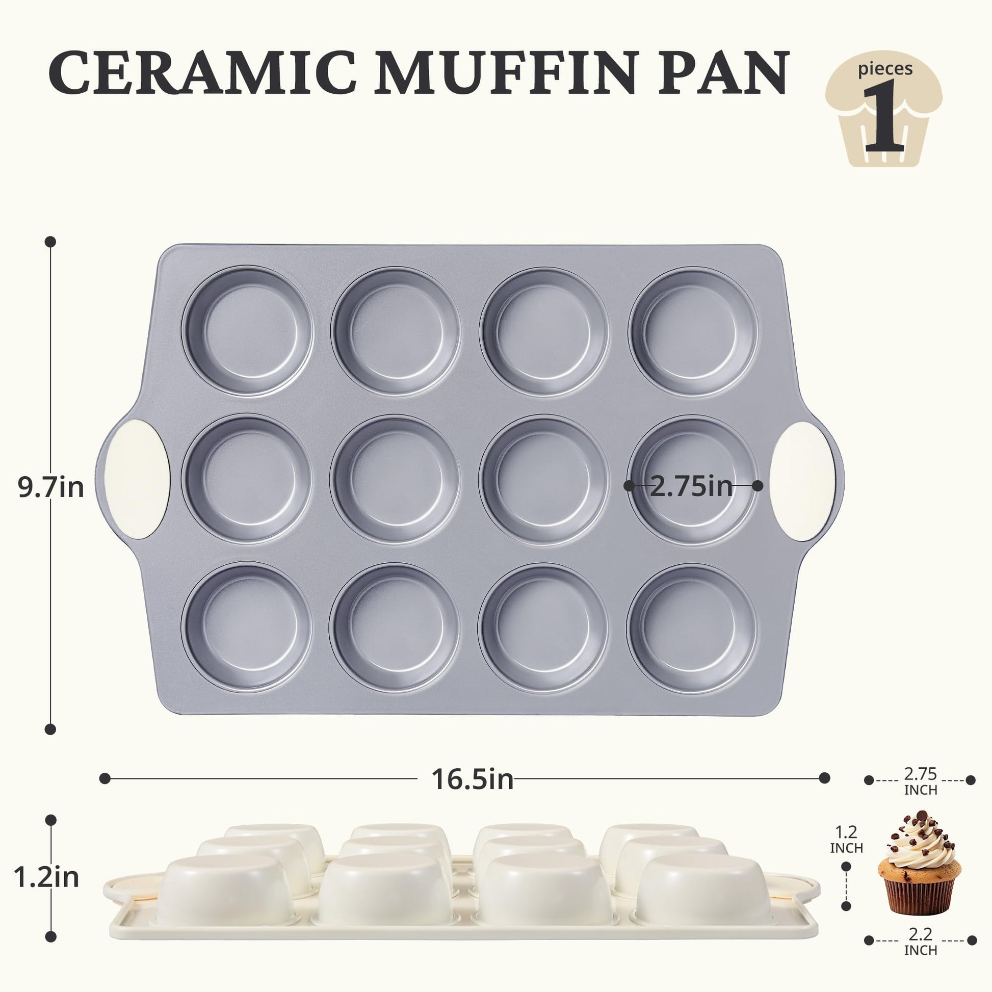 Ceramic nonstick 12-cup muffin and cupcake pan for standard baking, cream