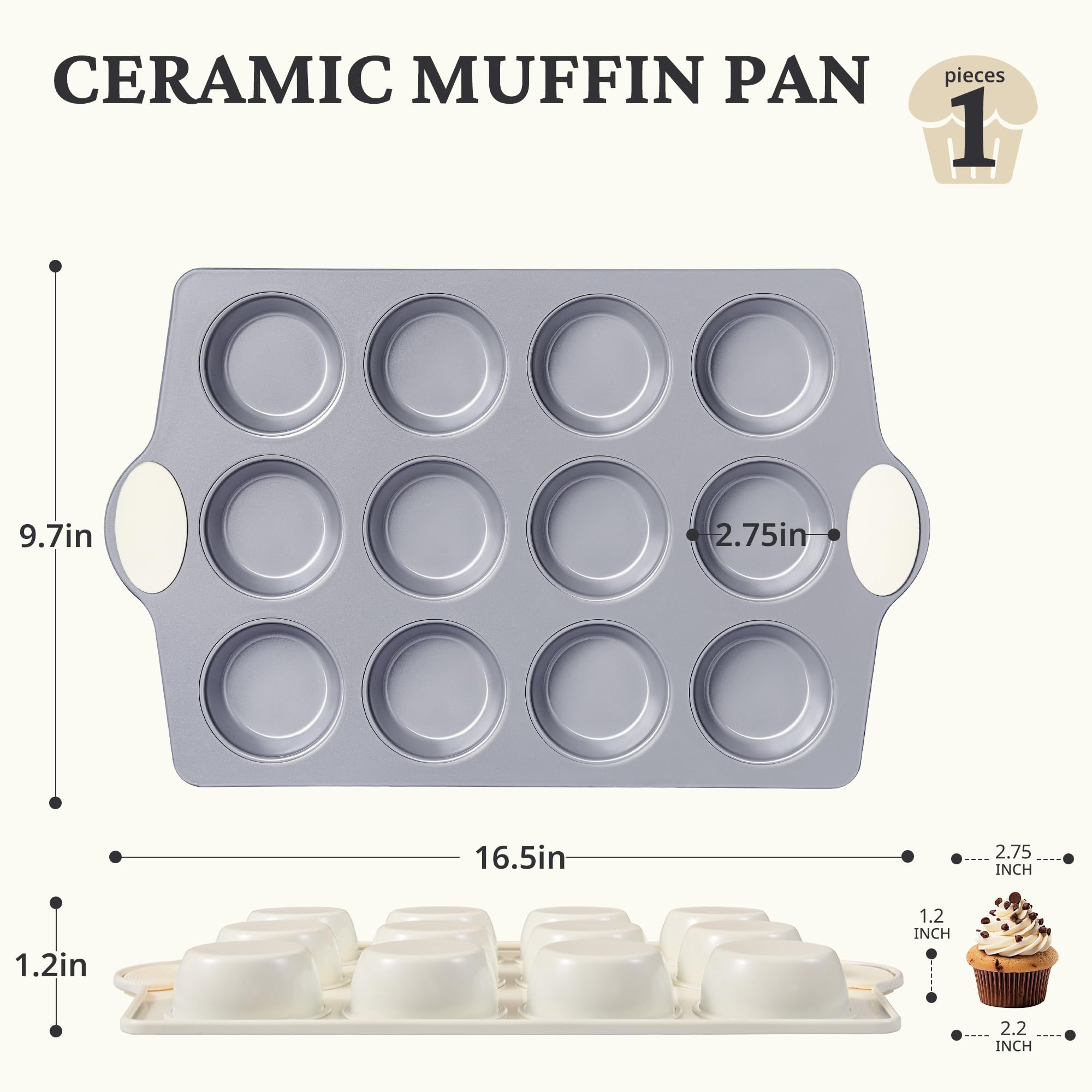 Ceramic nonstick 12-cup muffin and cupcake pan for standard baking, cream