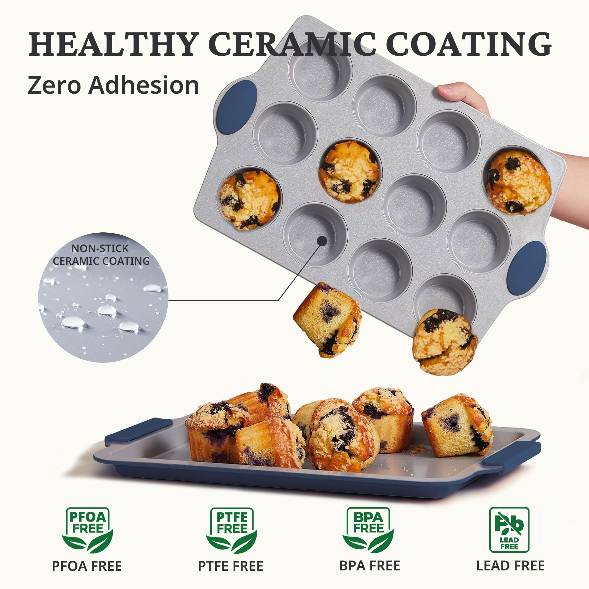 Ceramic nonstick 12-cup muffin and cupcake pan for standard baking, grayish blue