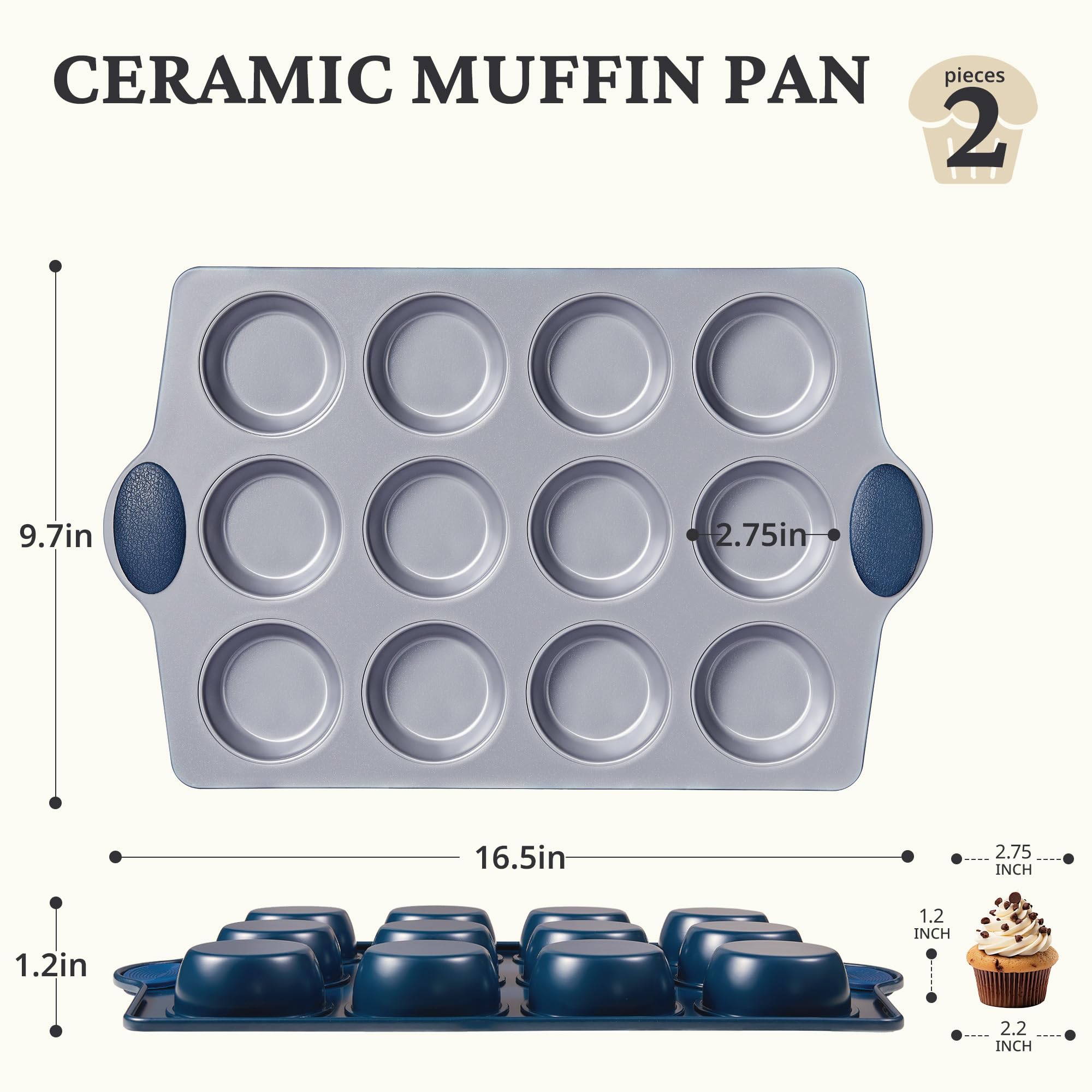 Ceramic nonstick 12-cup muffin and cupcake pan for standard baking, grayish blue