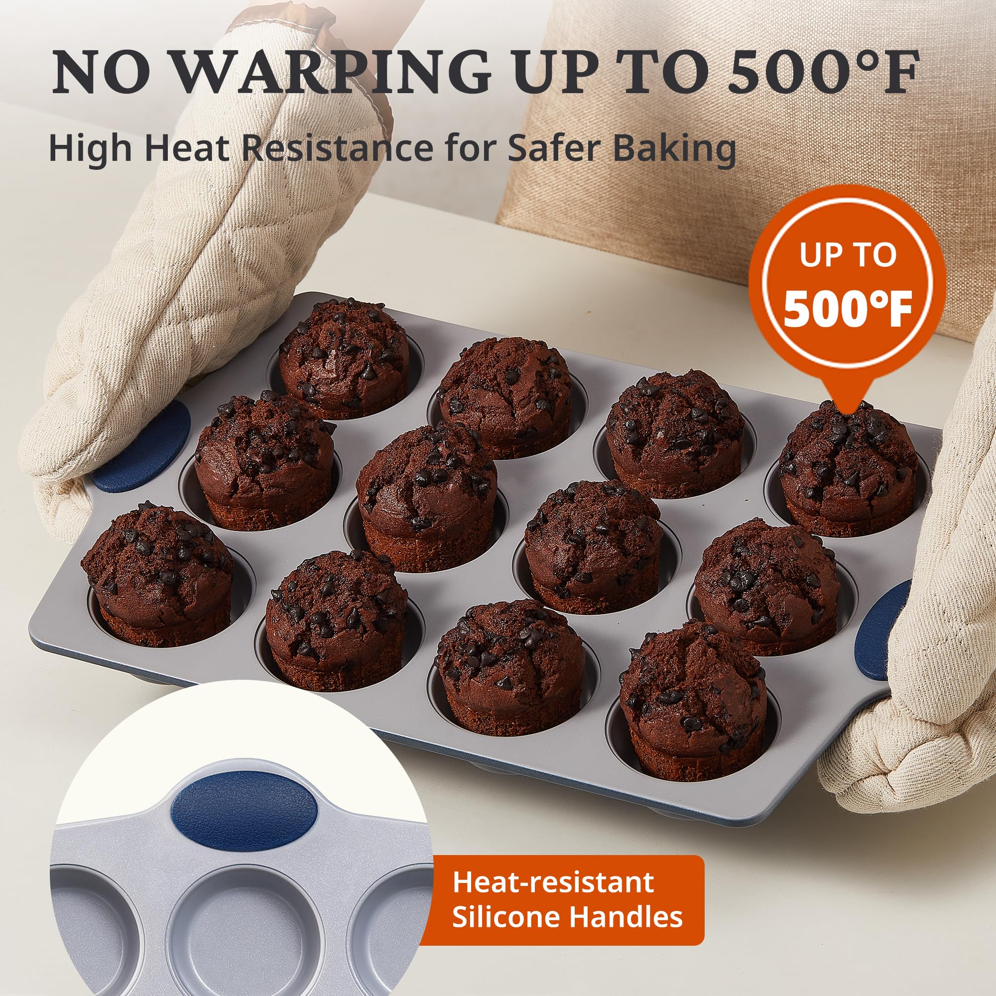 Ceramic nonstick 12-cup muffin and cupcake pan for standard baking, grayish blue