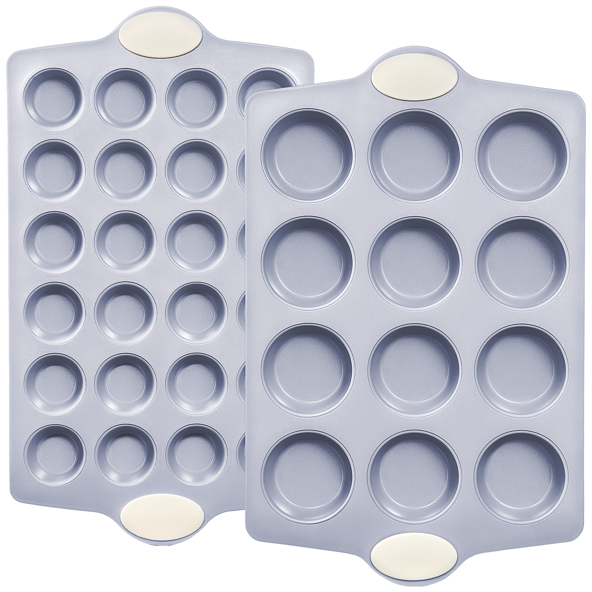 Ceramic nonstick muffin and cupcake pan set with 12-cup and 24-cup pans, cream