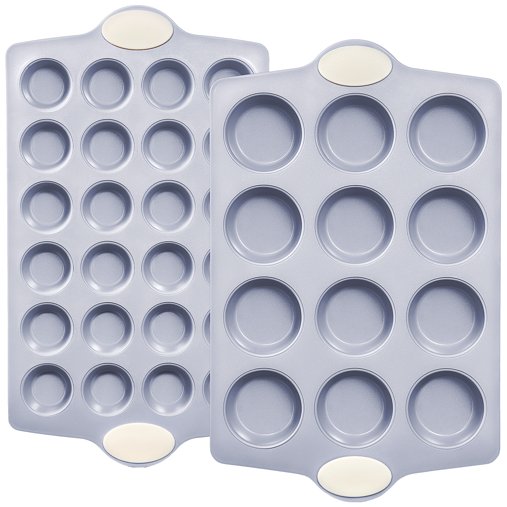 Ceramic nonstick muffin and cupcake pan set with 12-cup and 24-cup pans, cream