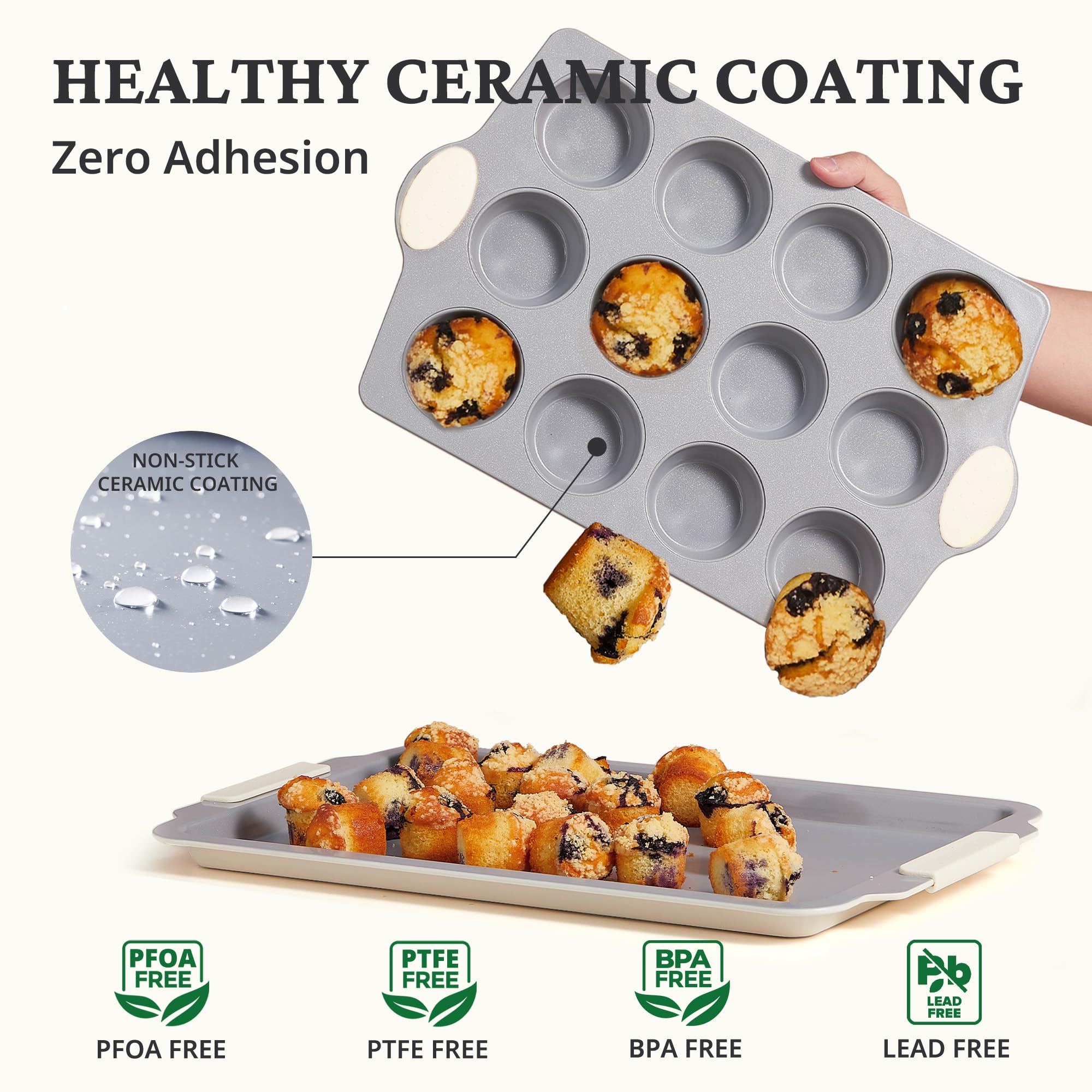Ceramic nonstick muffin and cupcake pan set with 12-cup and 24-cup pans, cream