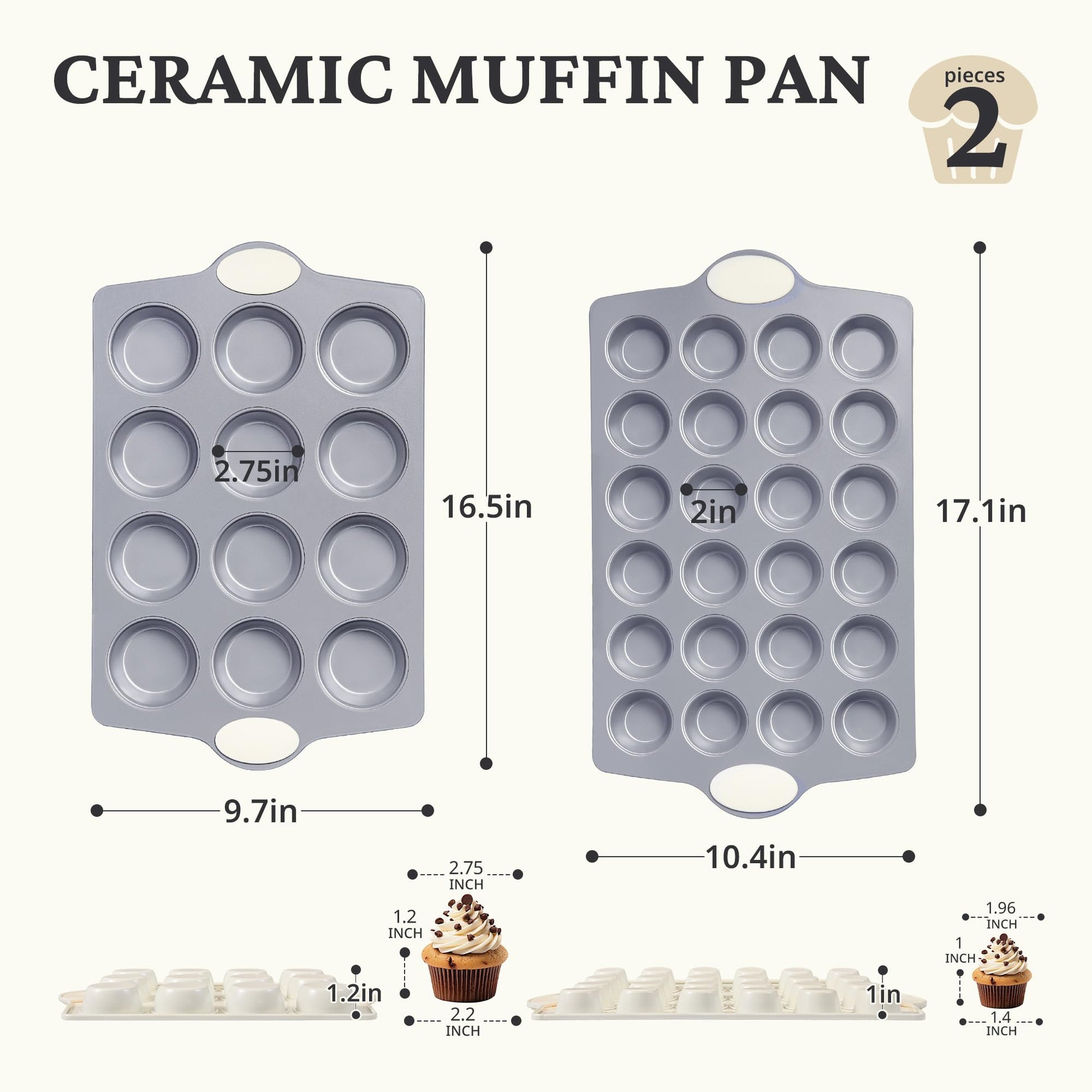 Ceramic nonstick muffin and cupcake pan set with 12-cup and 24-cup pans, cream