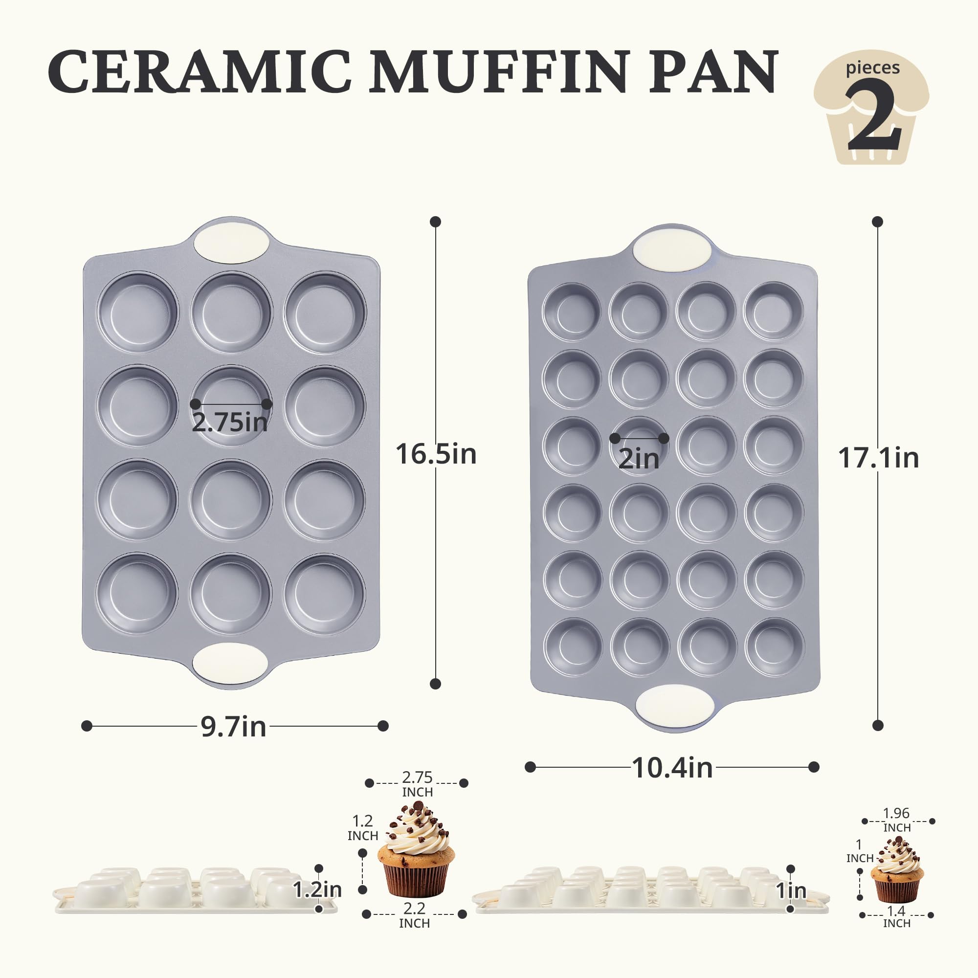 Ceramic nonstick muffin and cupcake pan set with 12-cup and 24-cup pans, cream