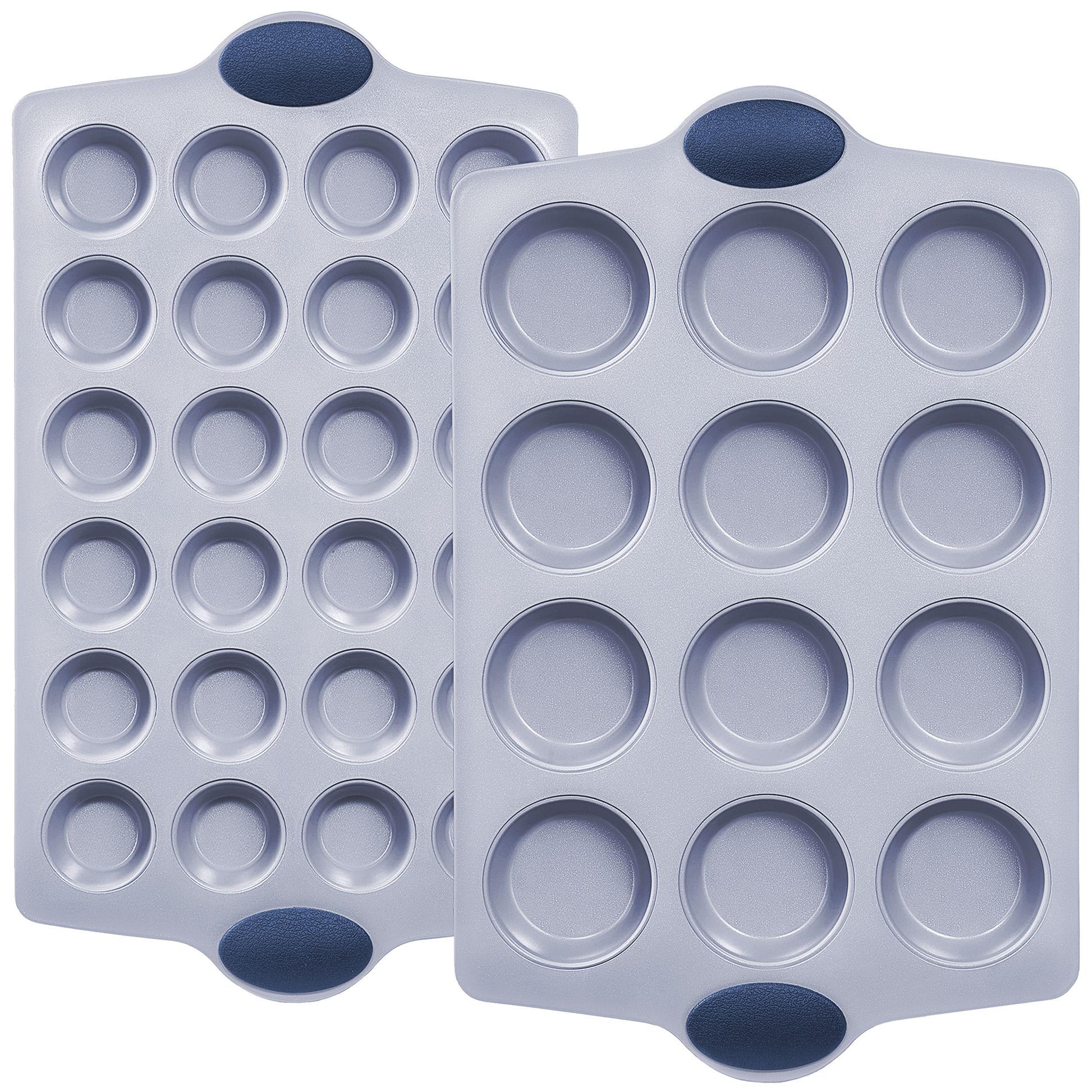 Ceramic nonstick muffin and cupcake pan set with 12-cup and 24-cup pans, grayish blue