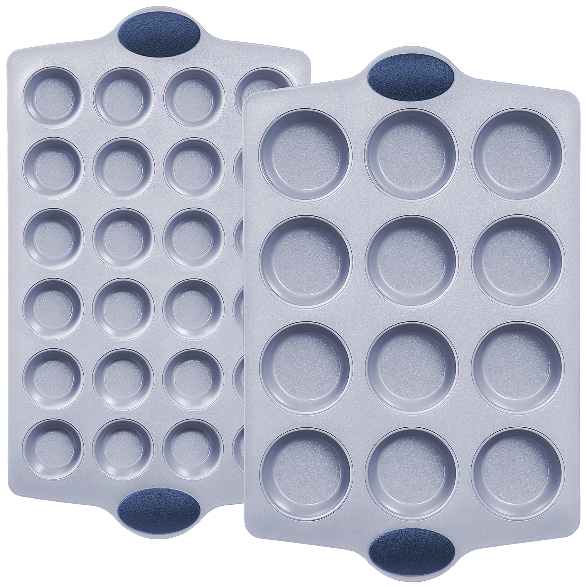 Ceramic nonstick muffin and cupcake pan set with 12-cup and 24-cup pans, grayish blue