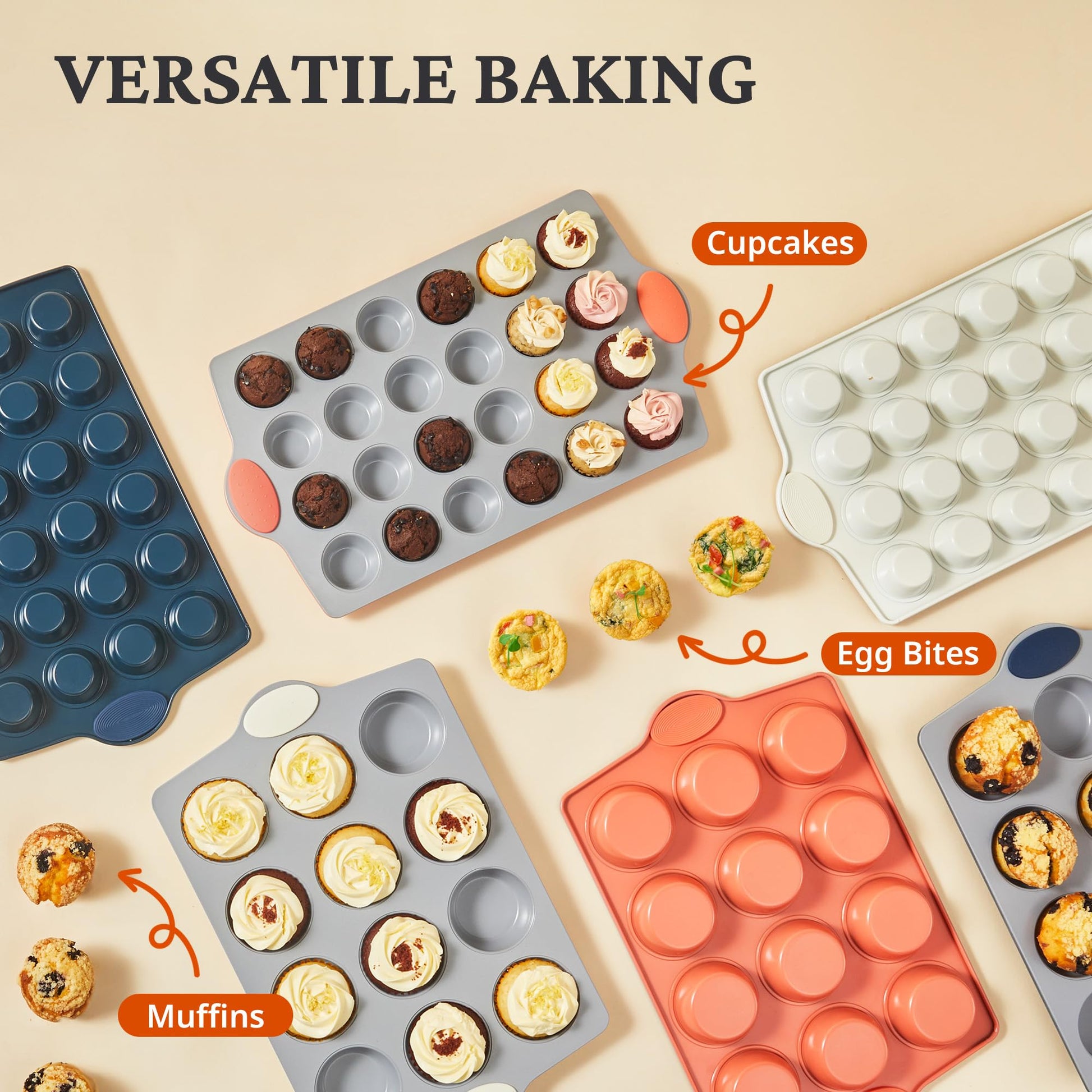 Ceramic nonstick muffin and cupcake pan set with 12-cup and 24-cup pans, grayish blue