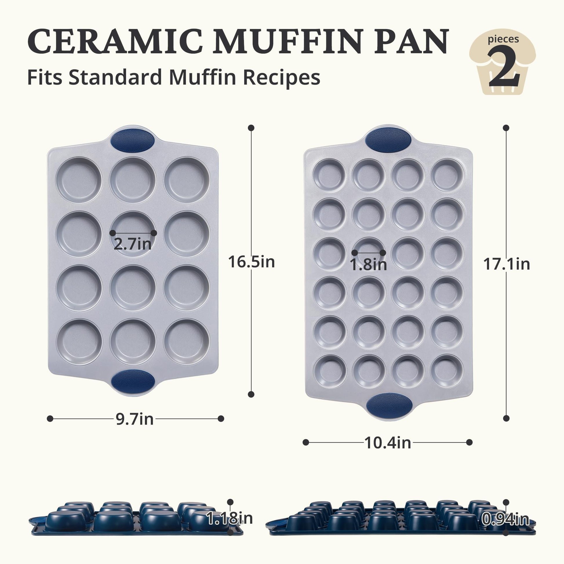 Ceramic nonstick muffin and cupcake pan set with 12-cup and 24-cup pans, grayish blue