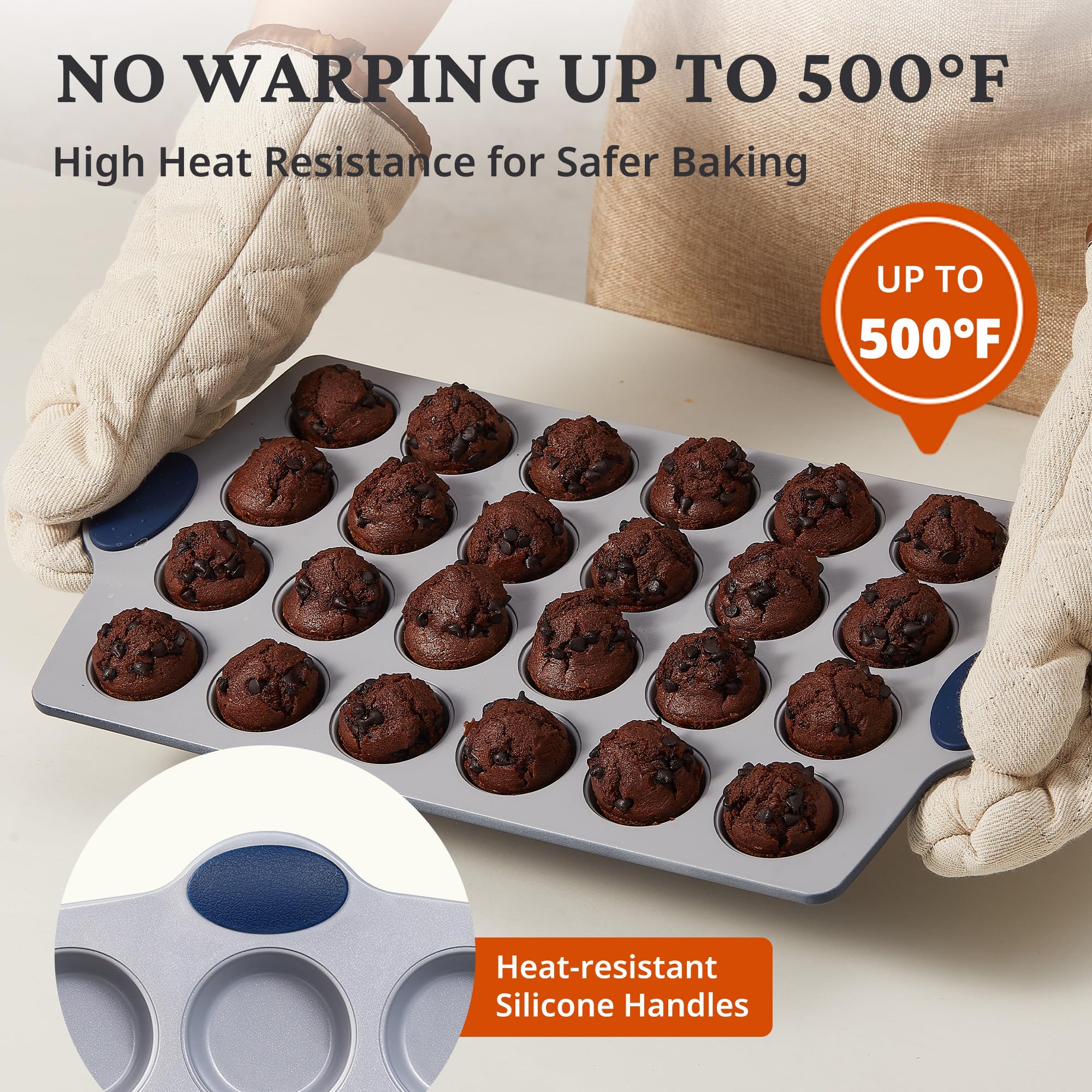 Ceramic nonstick muffin and cupcake pan set with 12-cup and 24-cup pans, grayish blue