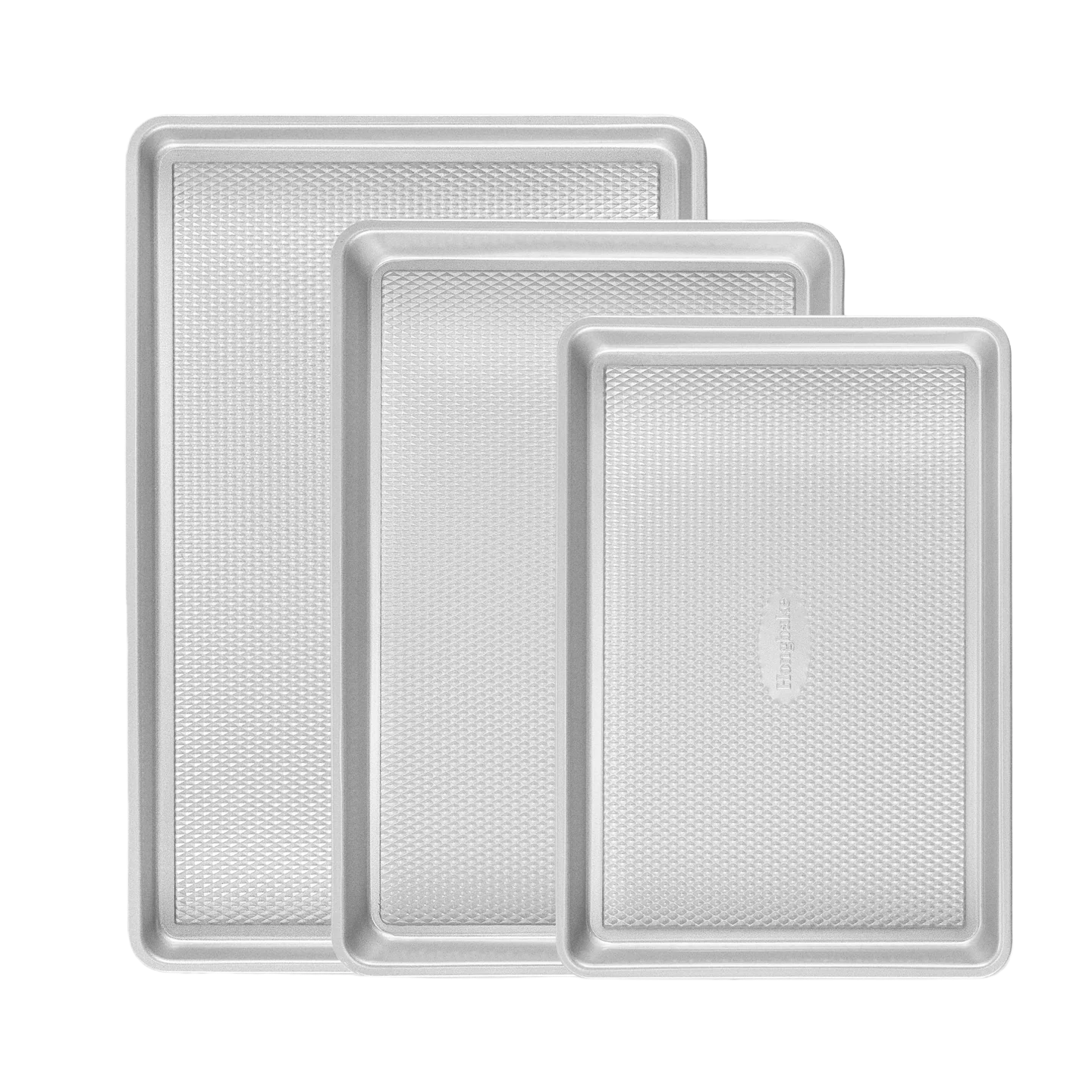 Diamond texture aluminized steel baking sheet set with three rimmed pans designed for even heating and easy release