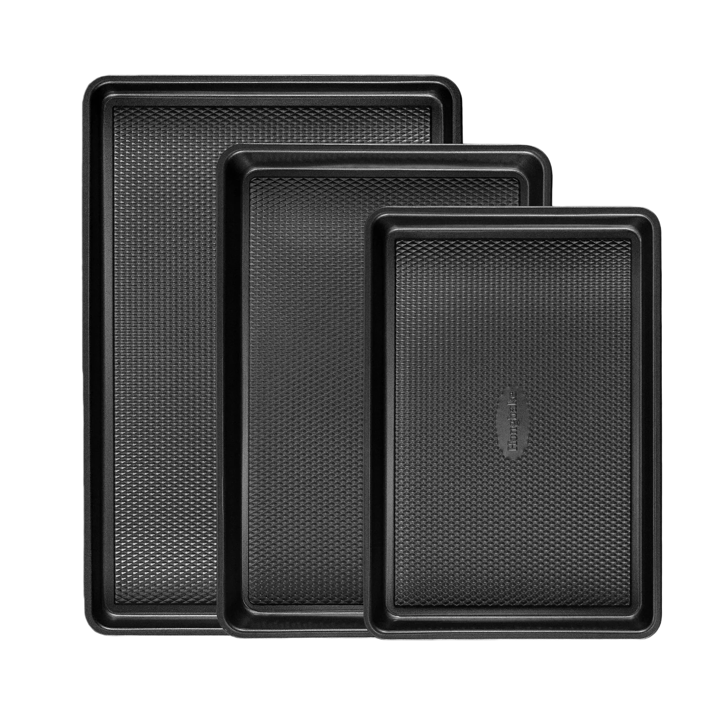 Diamond texture nonstick baking sheet pan set with rim, includes half sheet, jelly roll, and quarter sheet pans