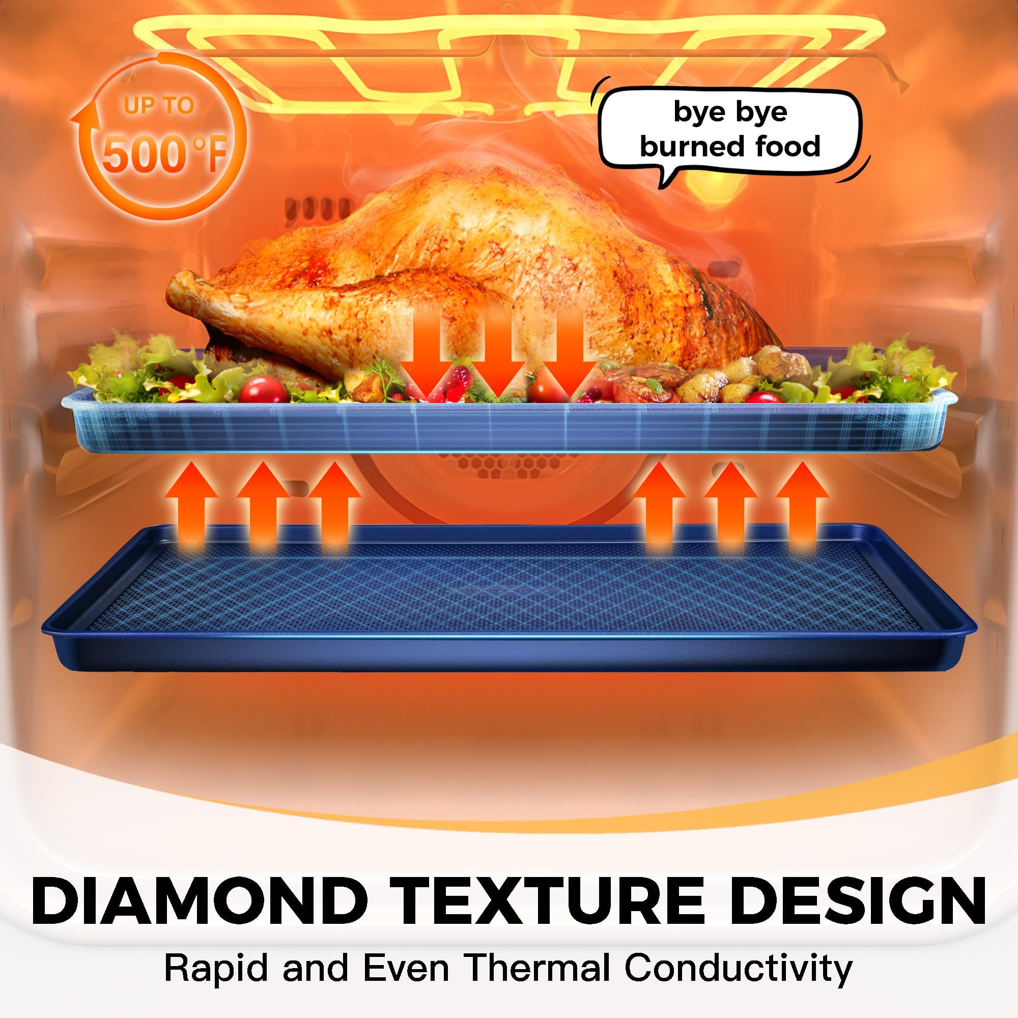 Diamond texture nonstick baking sheet pan set with rim, includes half sheet, jelly roll, and quarter sheet pans