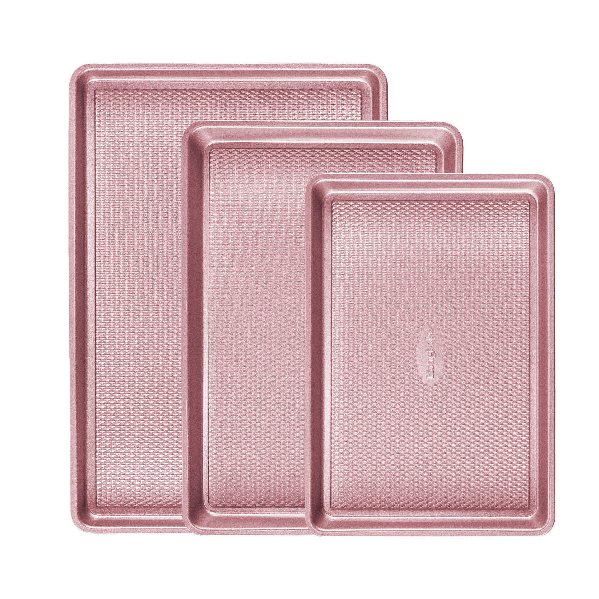 Diamond texture nonstick baking sheet pan set with rim, includes half sheet, jelly roll, and quarter sheet pans