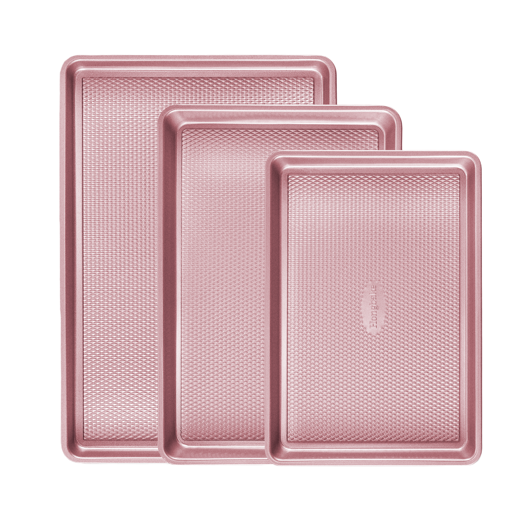 Diamond texture nonstick baking sheet pan set with rim, includes half sheet, jelly roll, and quarter sheet pans