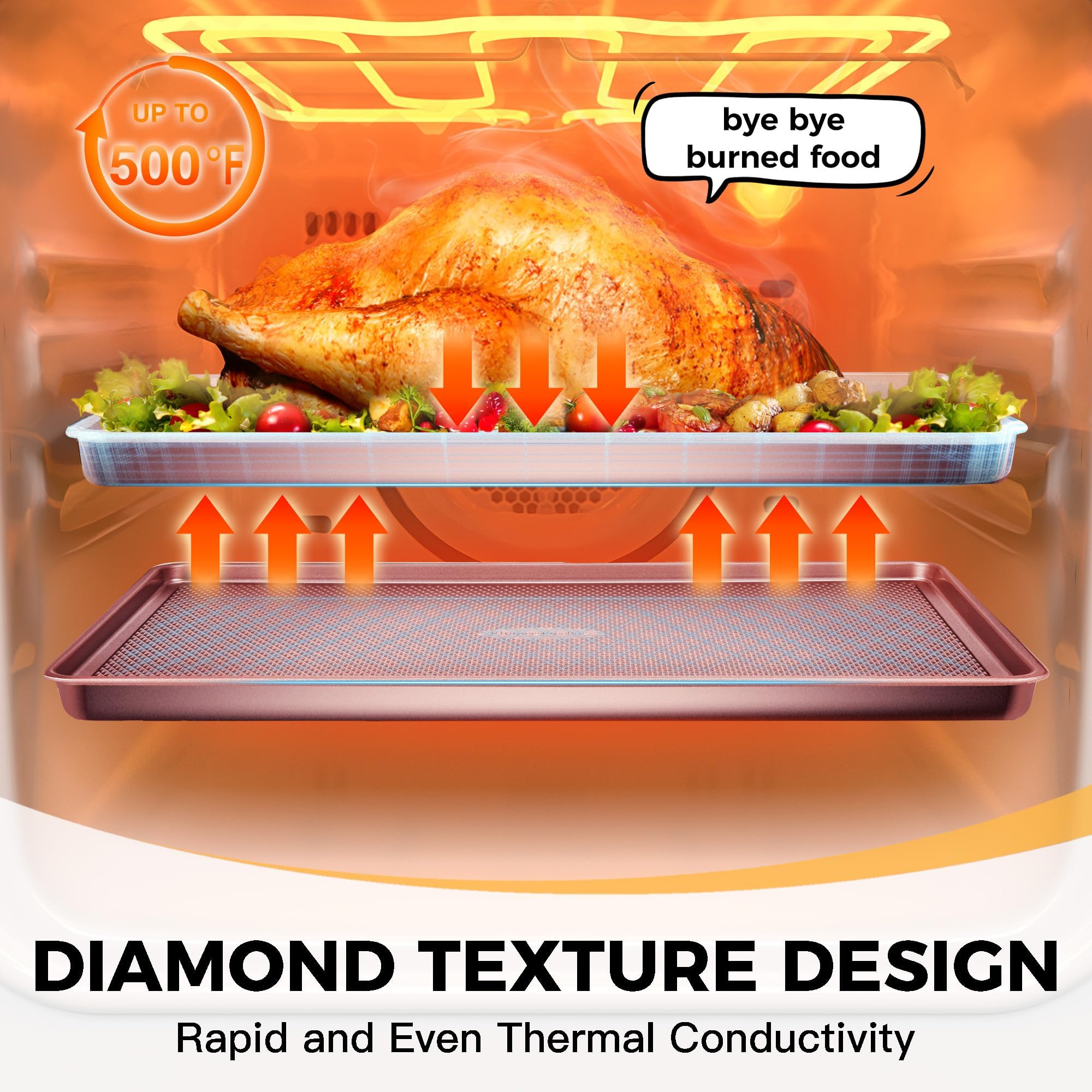Diamond texture nonstick baking sheet pan set with rim, includes half sheet, jelly roll, and quarter sheet pans