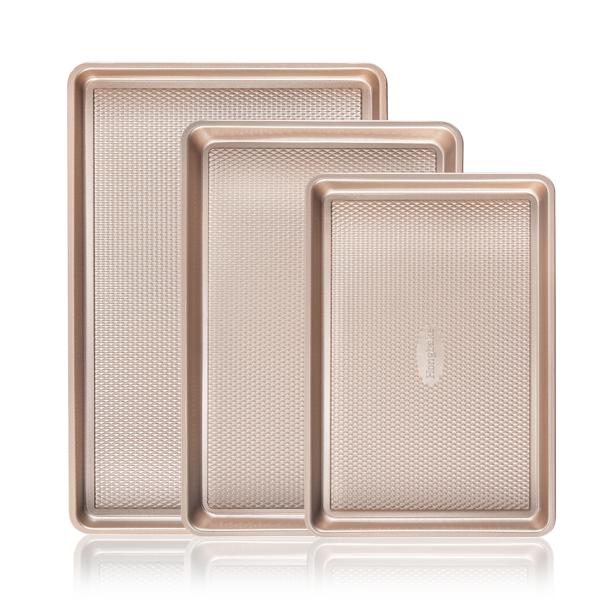 Diamond texture nonstick baking sheet pan set with rim, includes half sheet, jelly roll, and quarter sheet pans