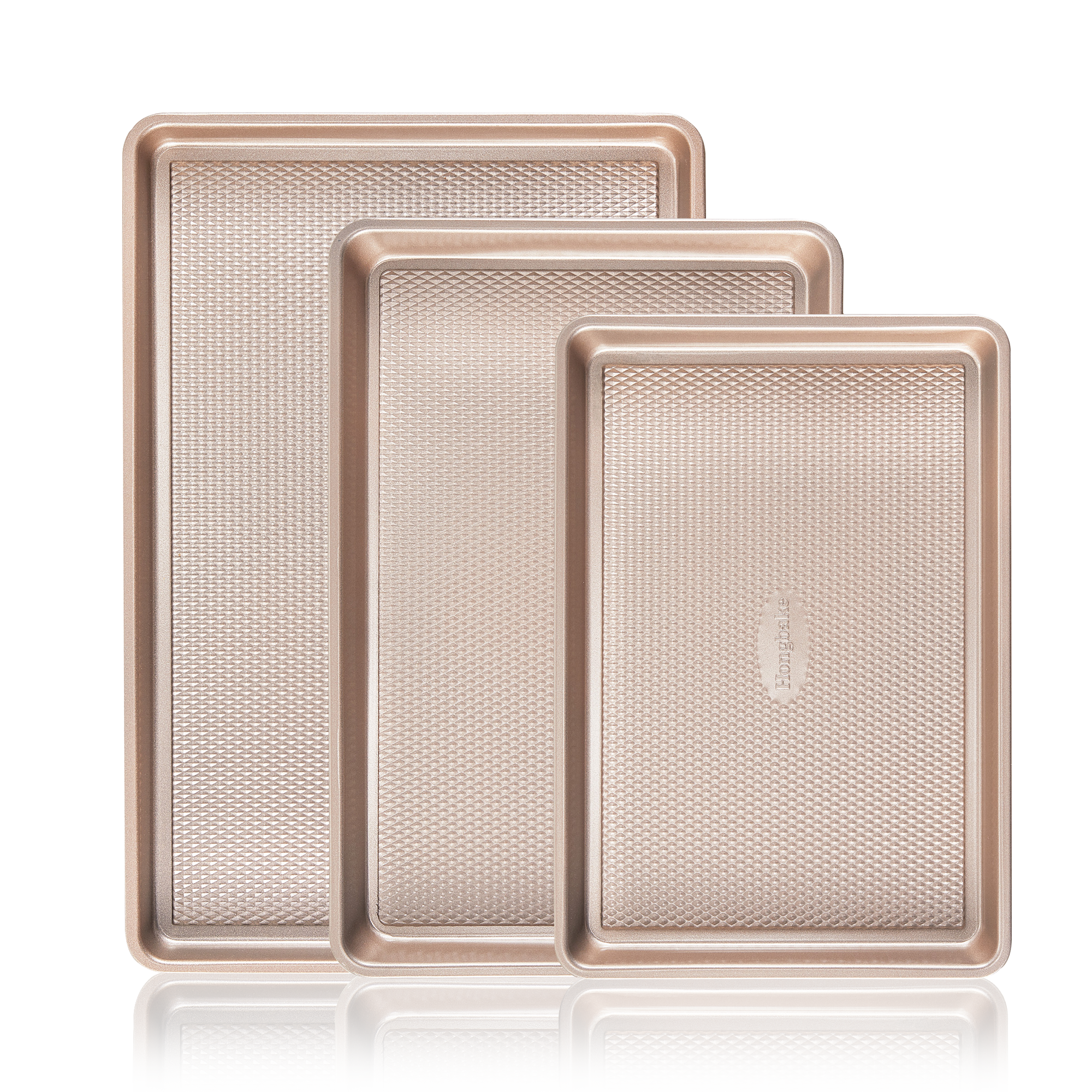 Diamond texture nonstick baking sheet pan set with rim, includes half sheet, jelly roll, and quarter sheet pans