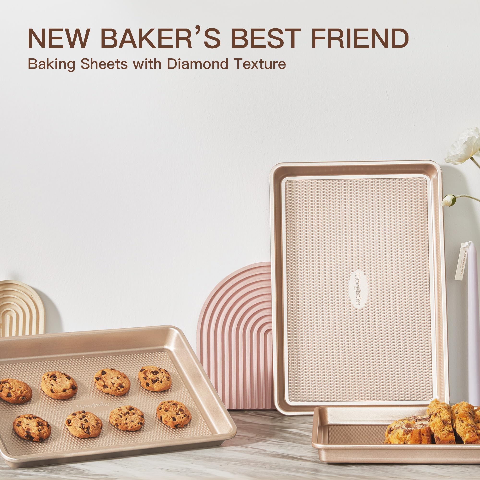 Diamond texture nonstick baking sheet pan set with rim, includes half sheet, jelly roll, and quarter sheet pans