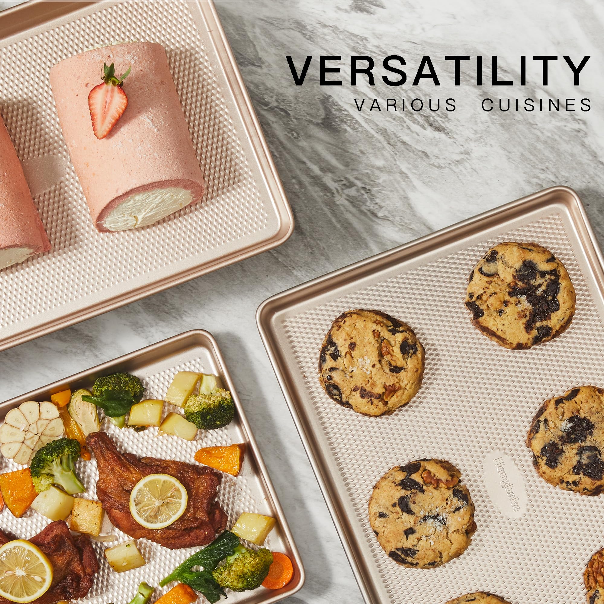 Diamond texture half sheet pans with rim, nonstick baking sheets for oven use, 2 pack, rose gold