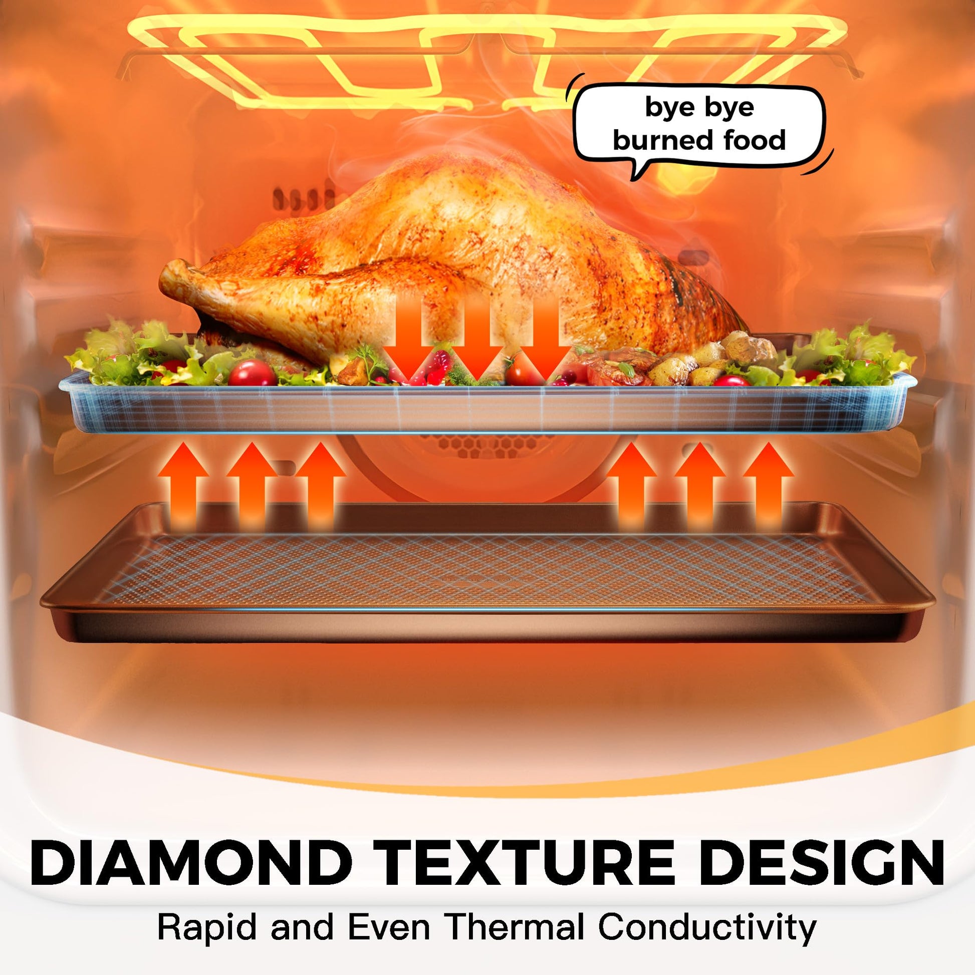 Diamond texture half sheet pans with rim, nonstick baking sheets for oven use, 2 pack, rose gold