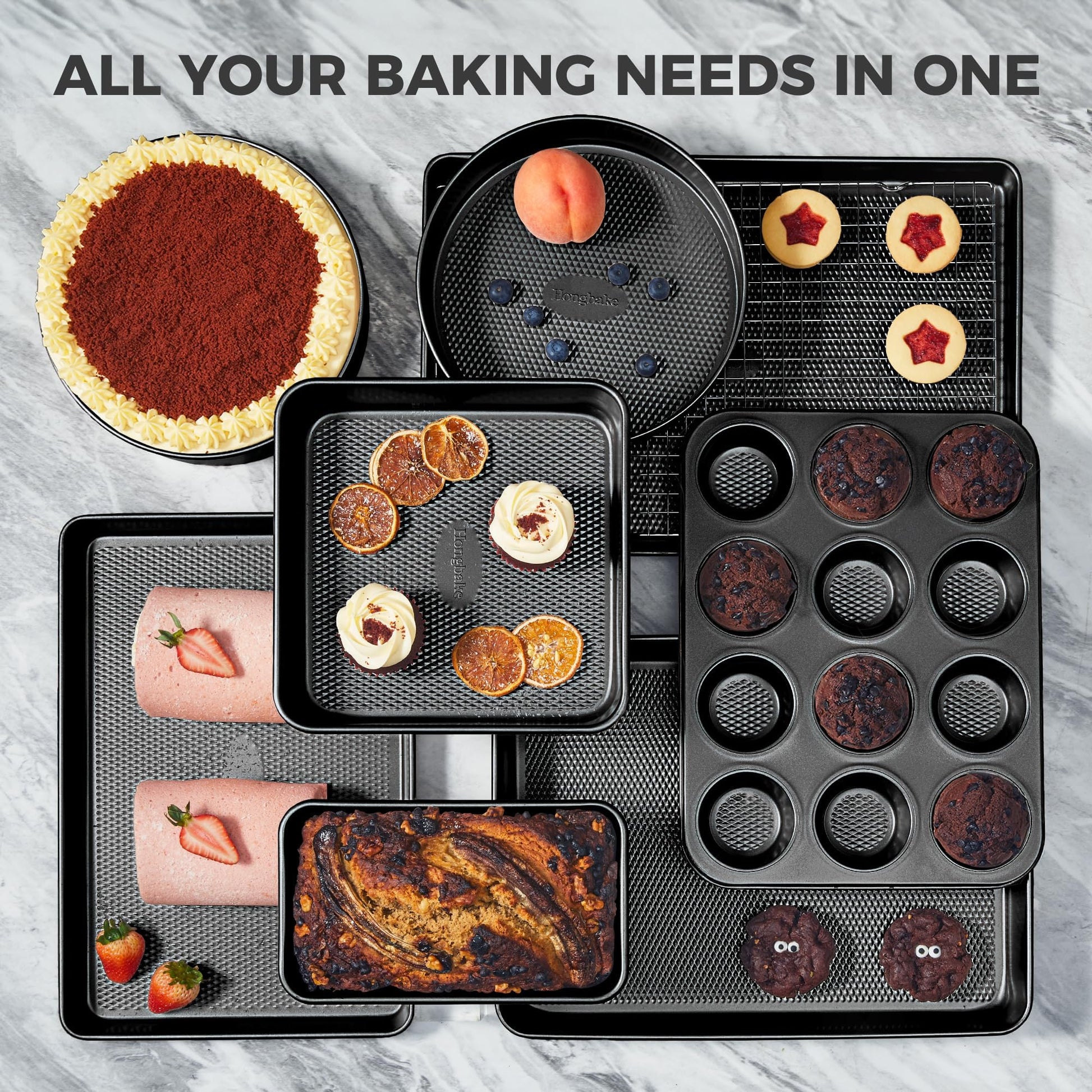 Diamond texture nonstick bakeware set with nine essential pieces for everyday baking and oven cooking