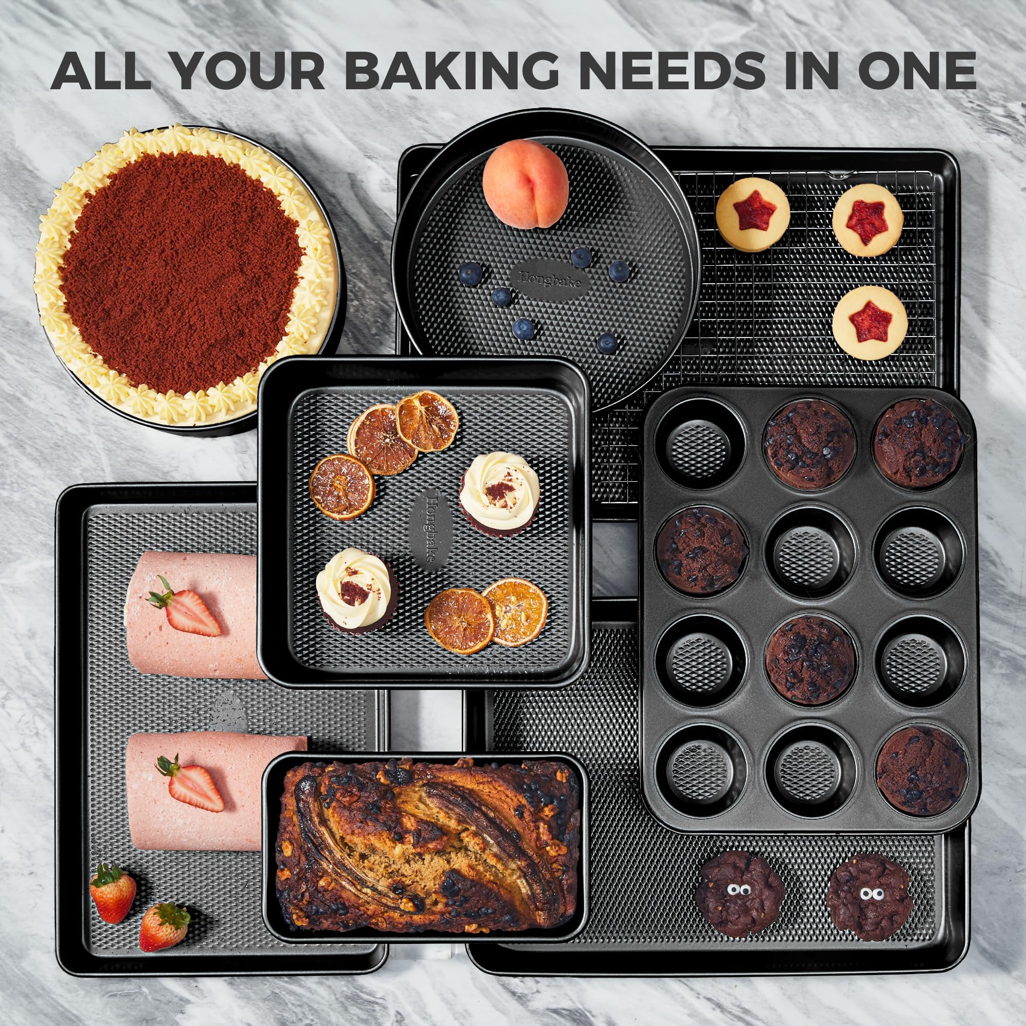 Diamond texture nonstick bakeware set with nine essential pieces for everyday baking and oven cooking