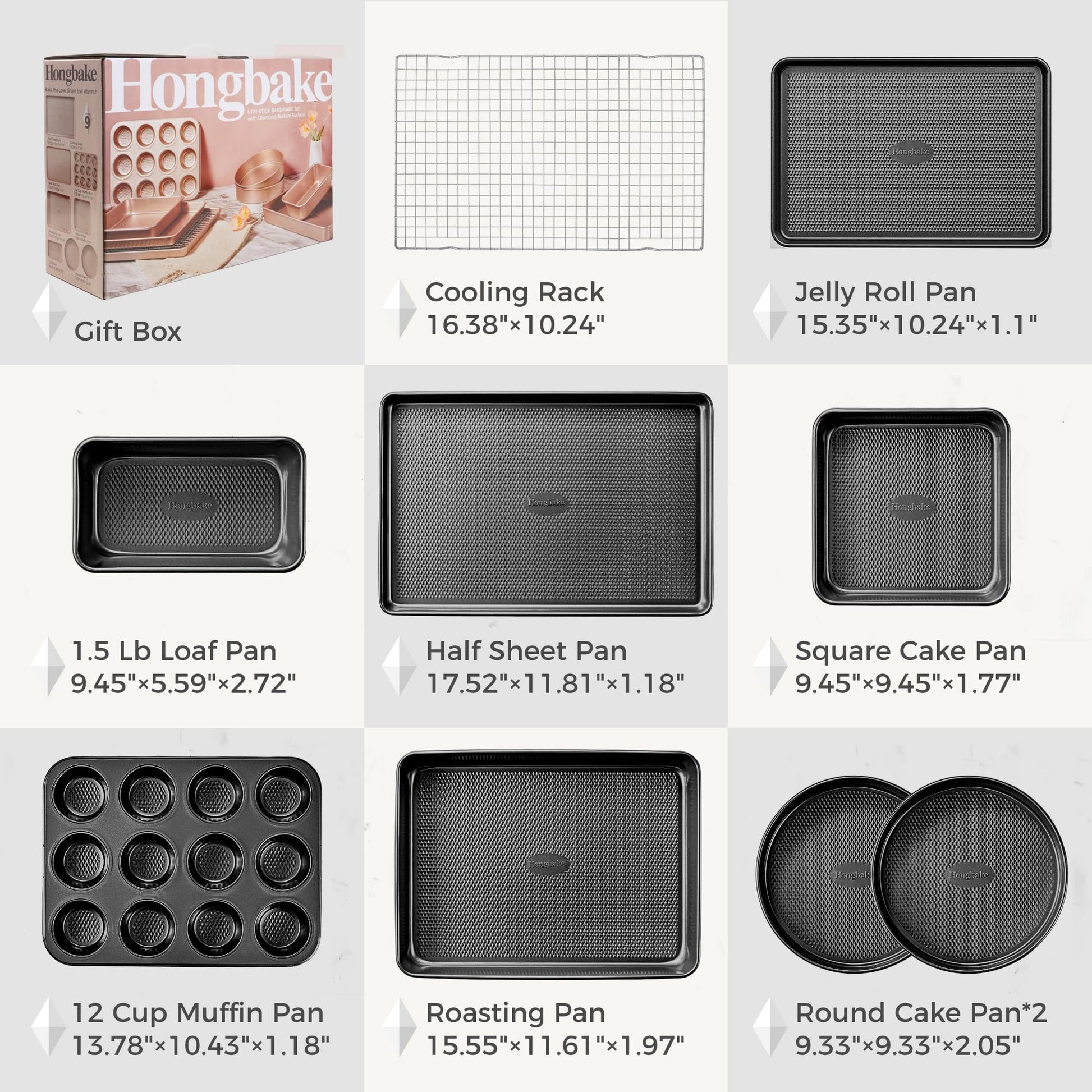 Diamond texture nonstick bakeware set with nine essential pieces for everyday baking and oven cooking