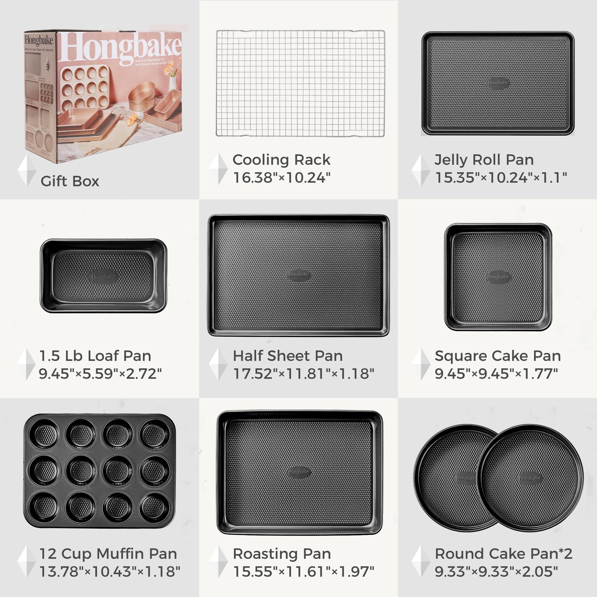 Diamond texture nonstick bakeware set with nine essential pieces for everyday baking and oven cooking