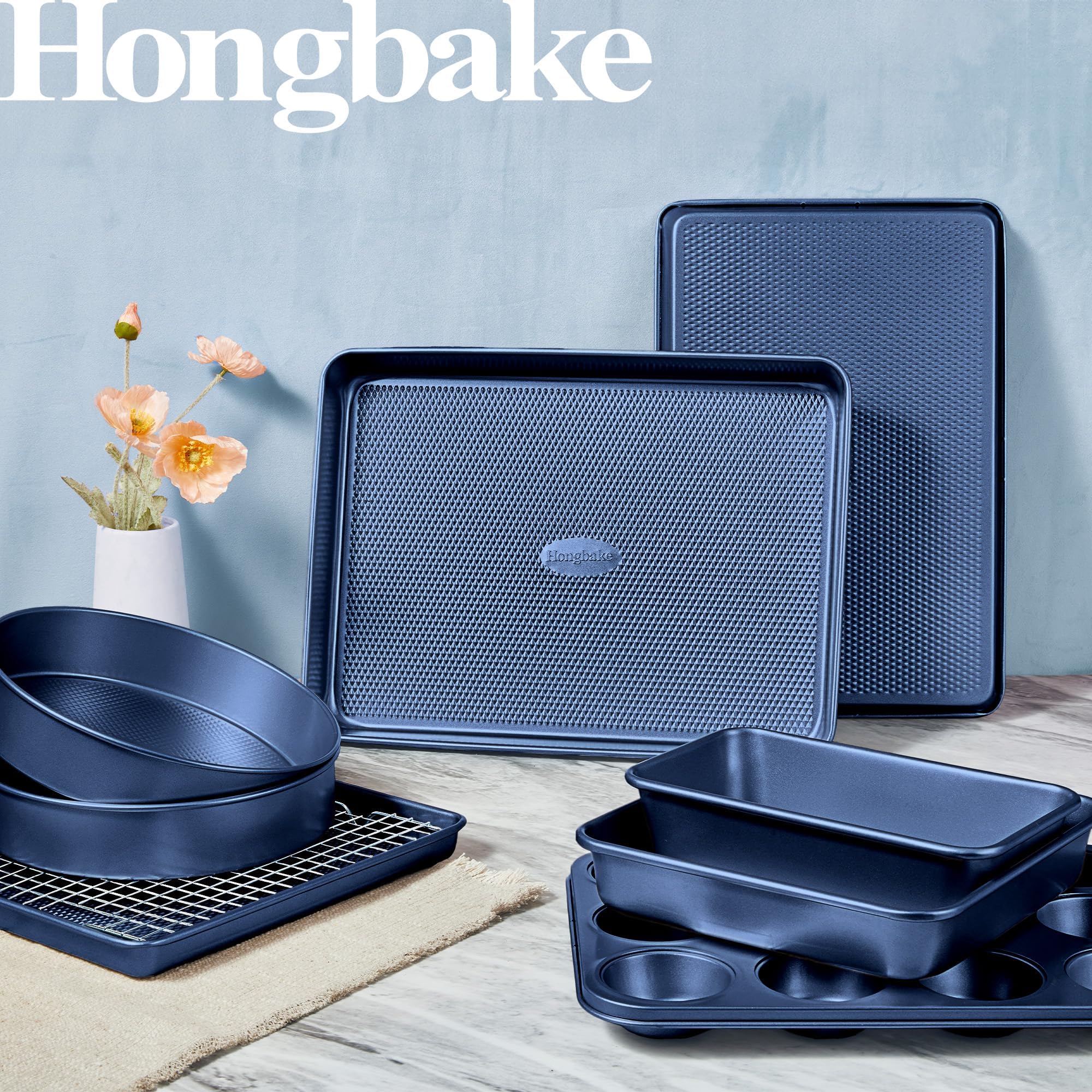 Diamond texture nonstick bakeware set with nine essential pieces for everyday baking and oven cooking
