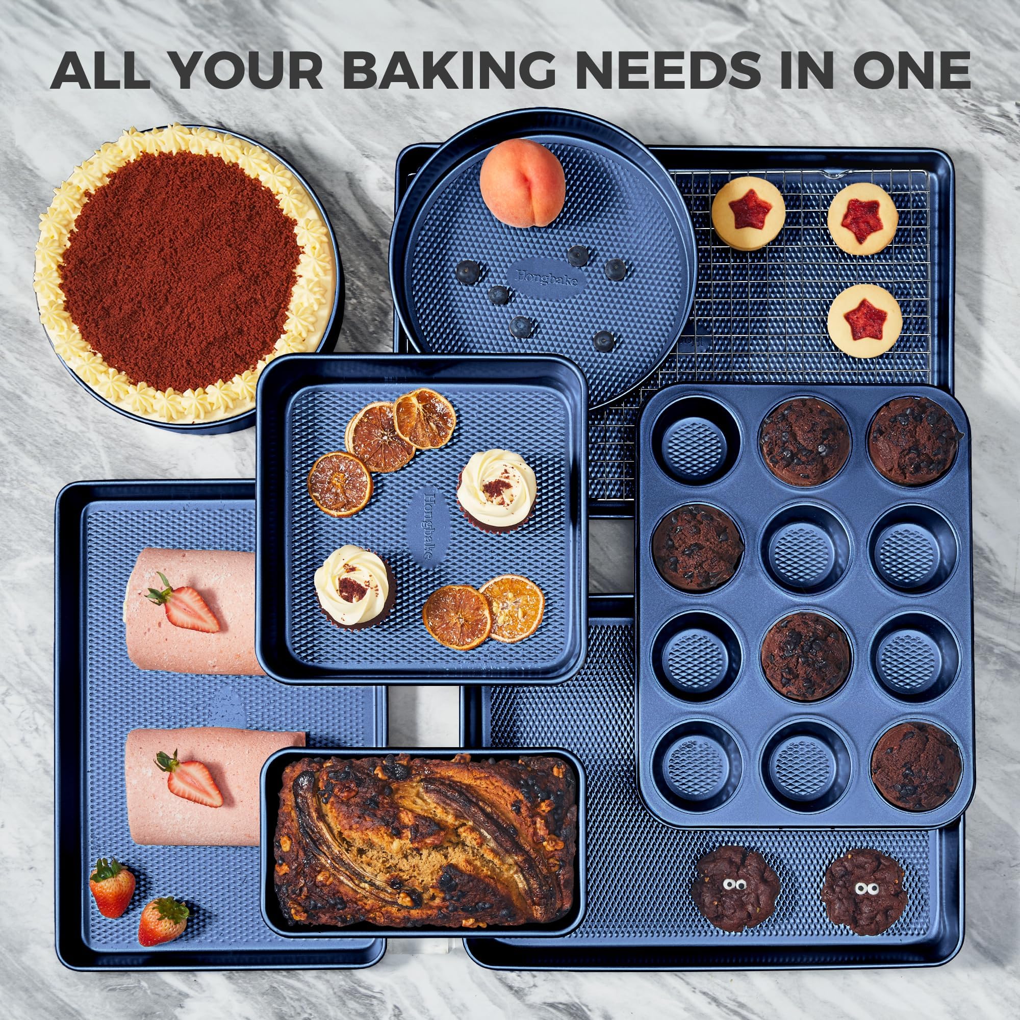 Diamond texture nonstick bakeware set with nine essential pieces for everyday baking and oven cooking