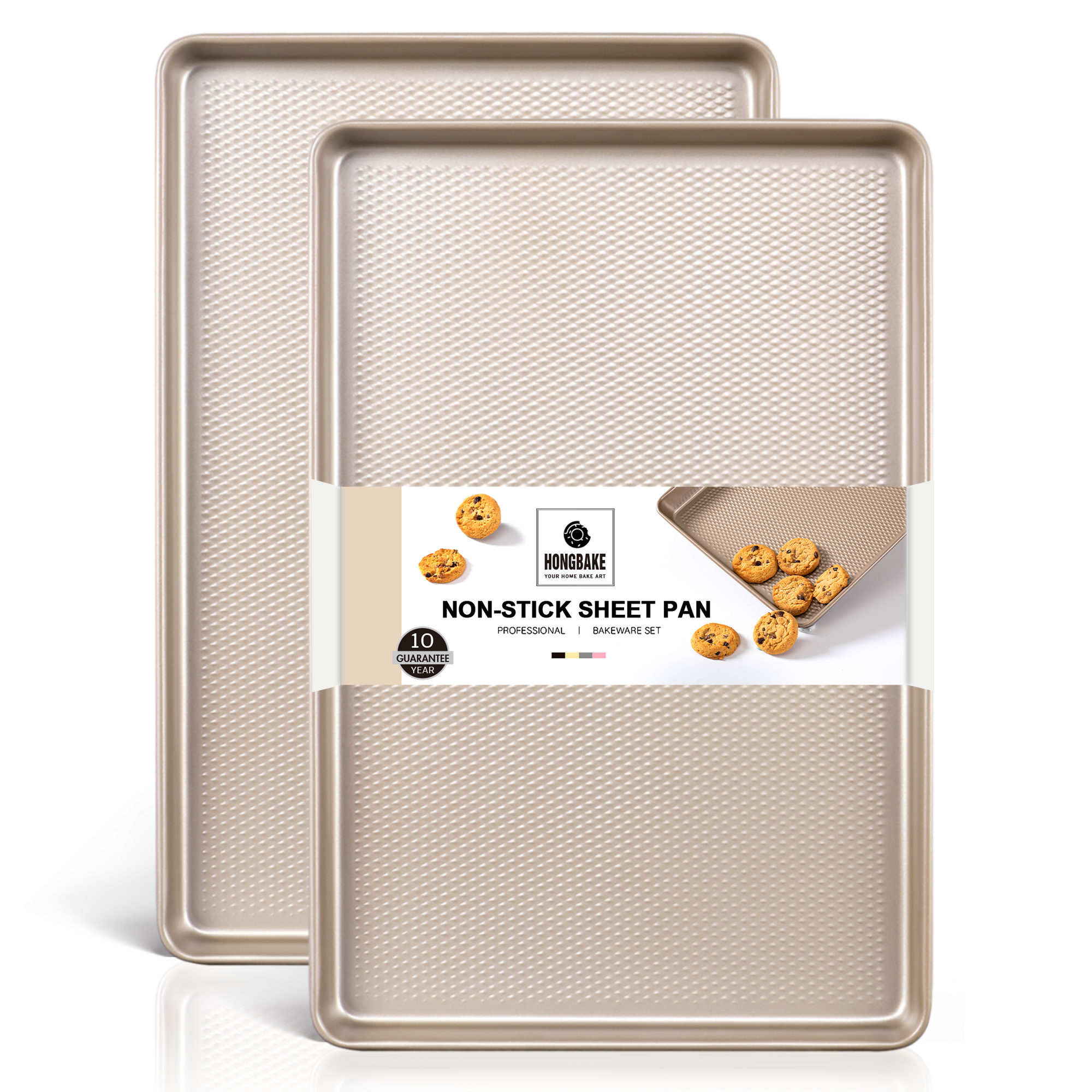 Diamond texture quarter sheet pans with rim, compact nonstick baking sheets for oven, 2 pack, rose gold