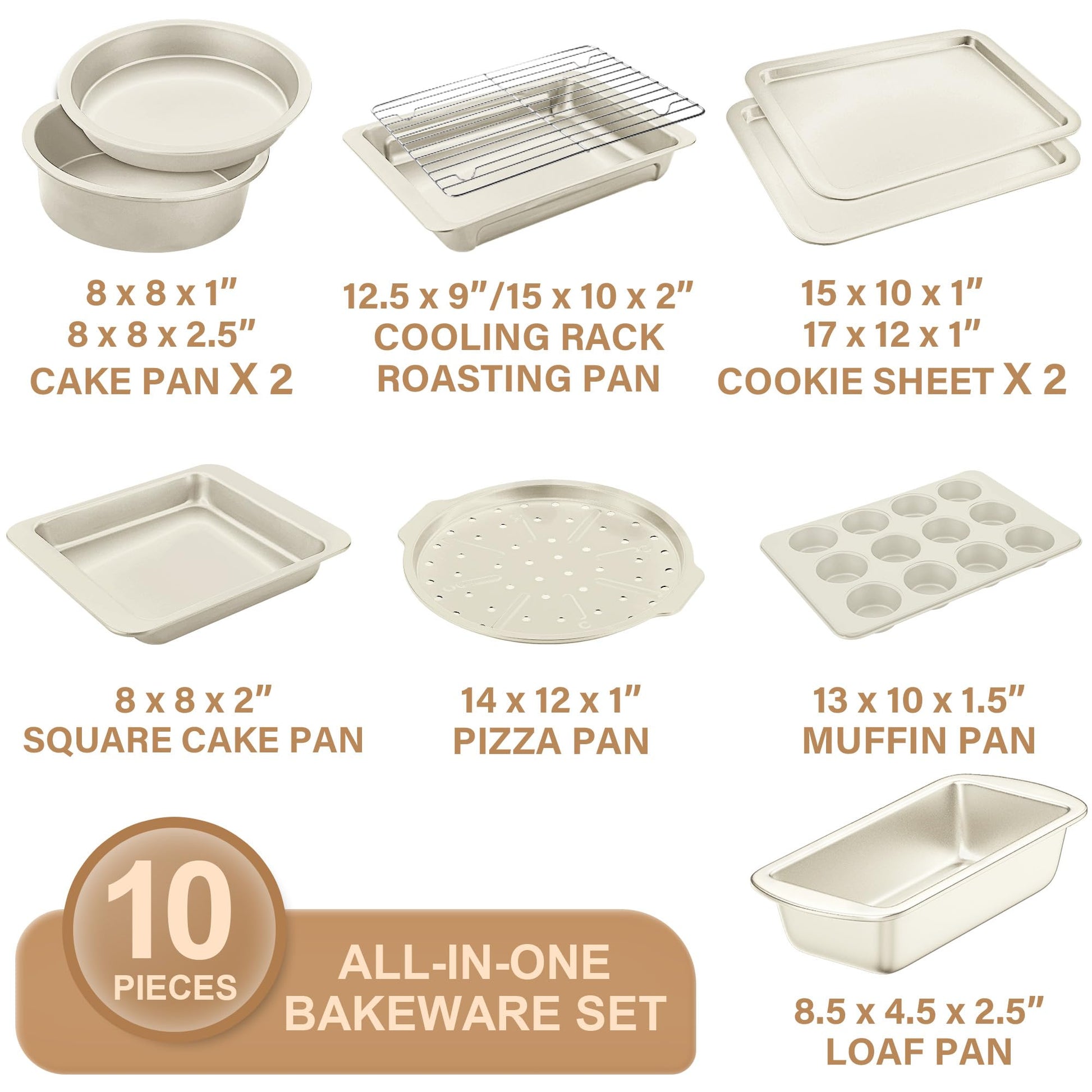 Essential nonstick bakeware set, 10-piece carbon steel baking pans with wider grips, cream