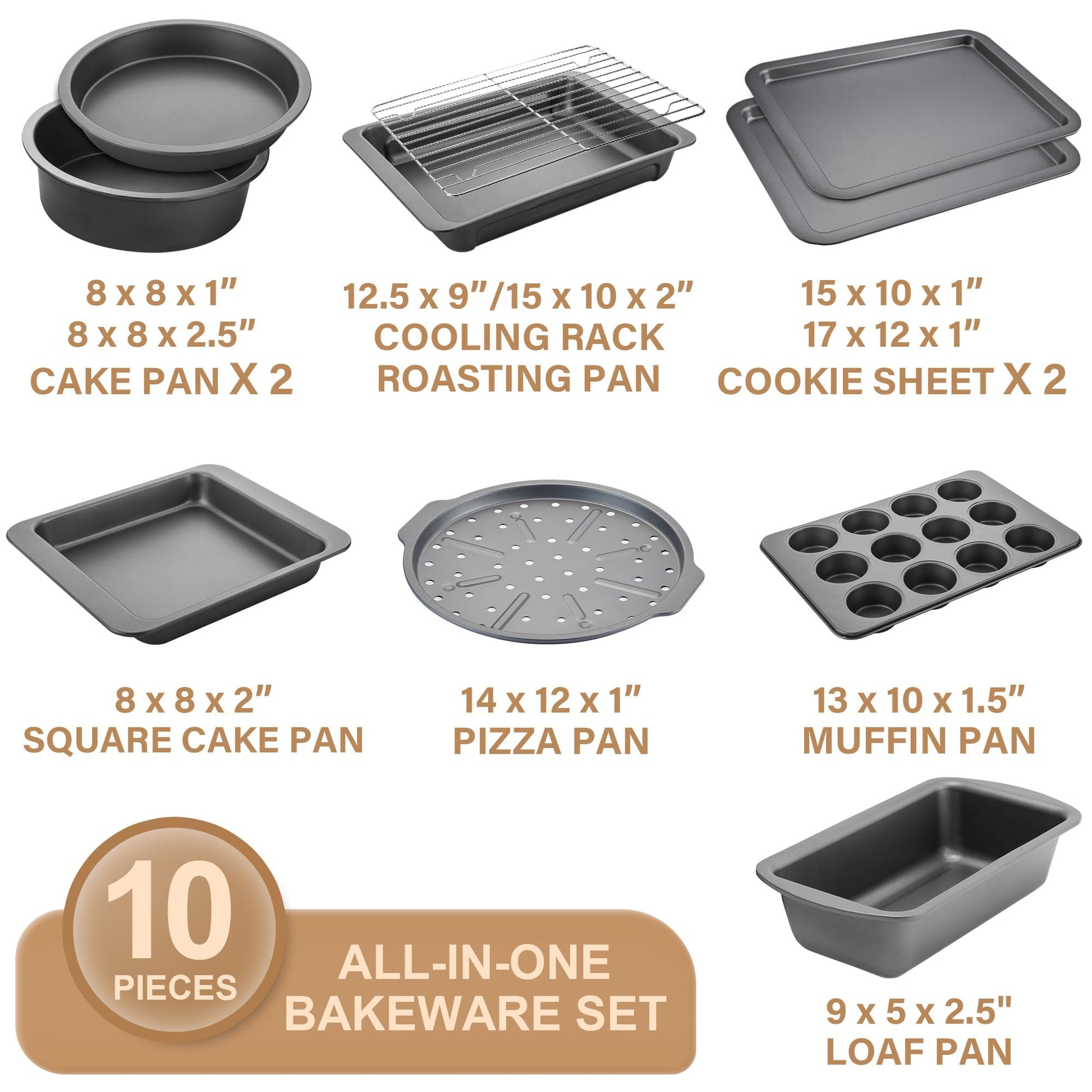 Essential nonstick bakeware set, 10-piece carbon steel baking pans with wider grips, dark gray