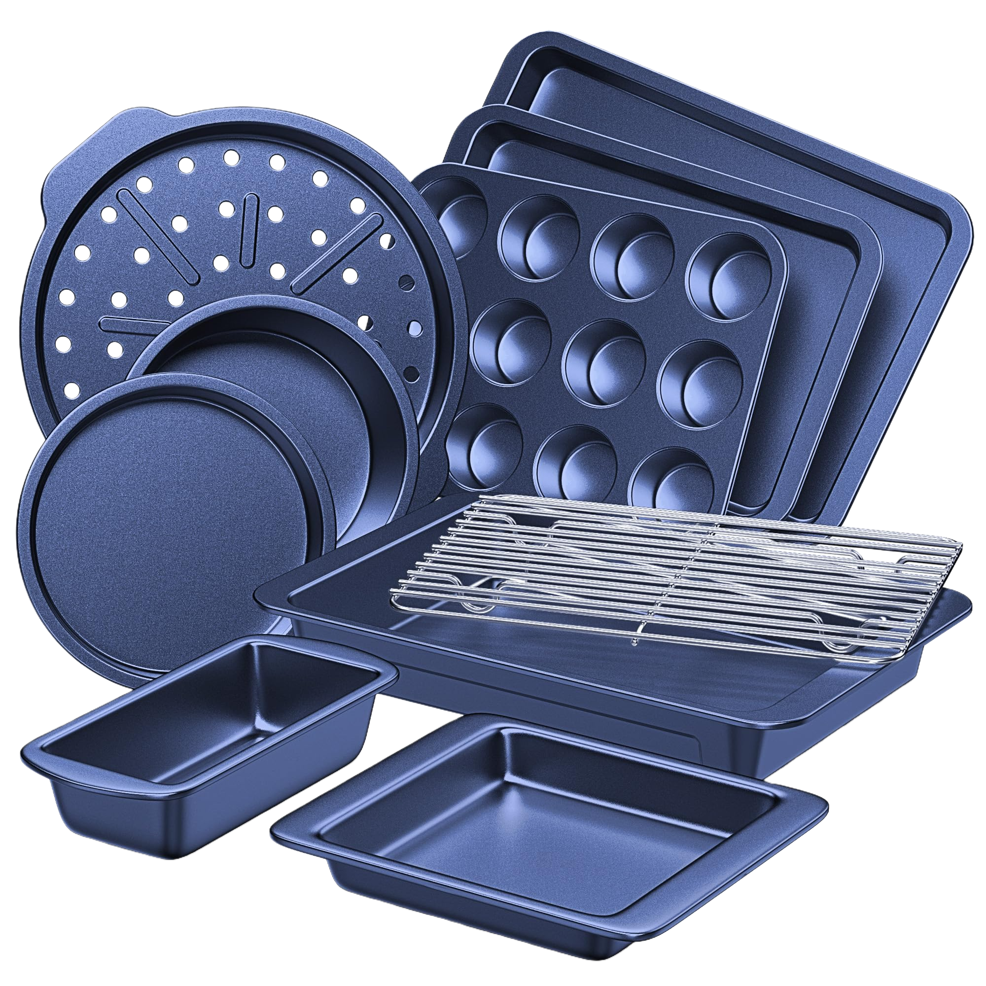 Essential nonstick bakeware set, 10-piece carbon steel baking pans with wider grips, navy blue