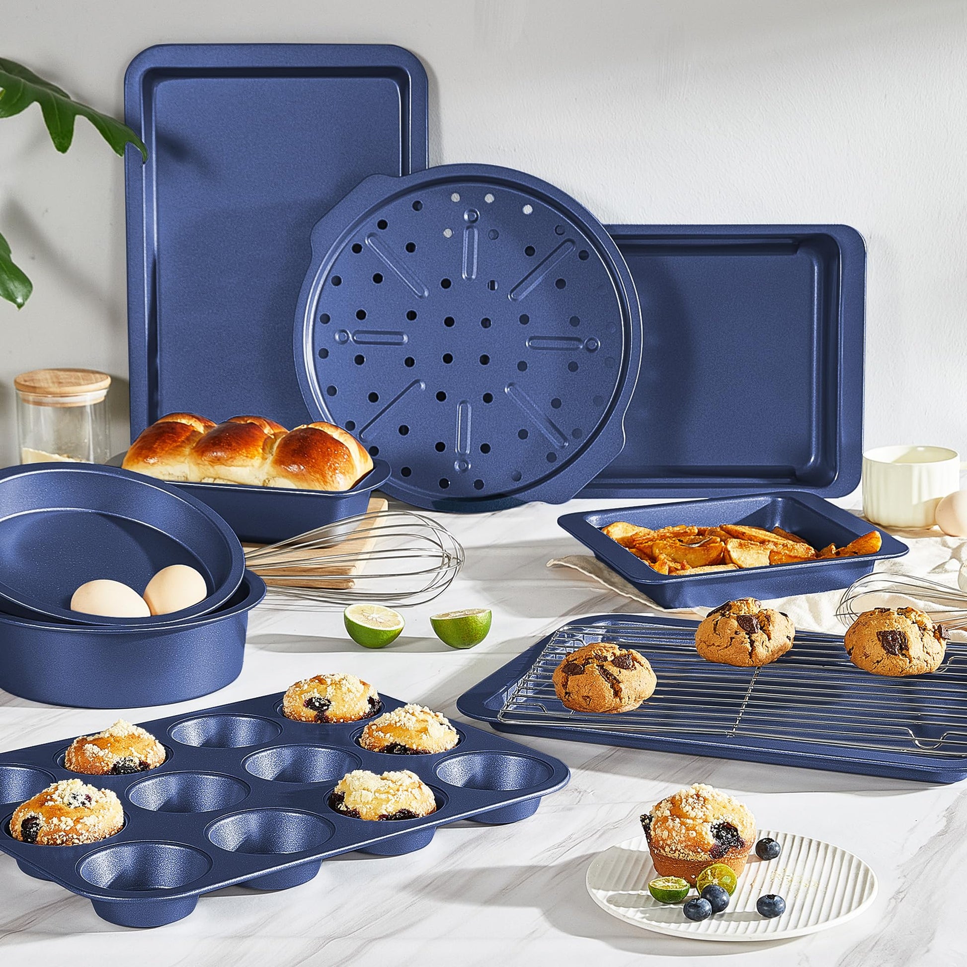 Essential nonstick bakeware set, 10-piece carbon steel baking pans with wider grips, navy blue