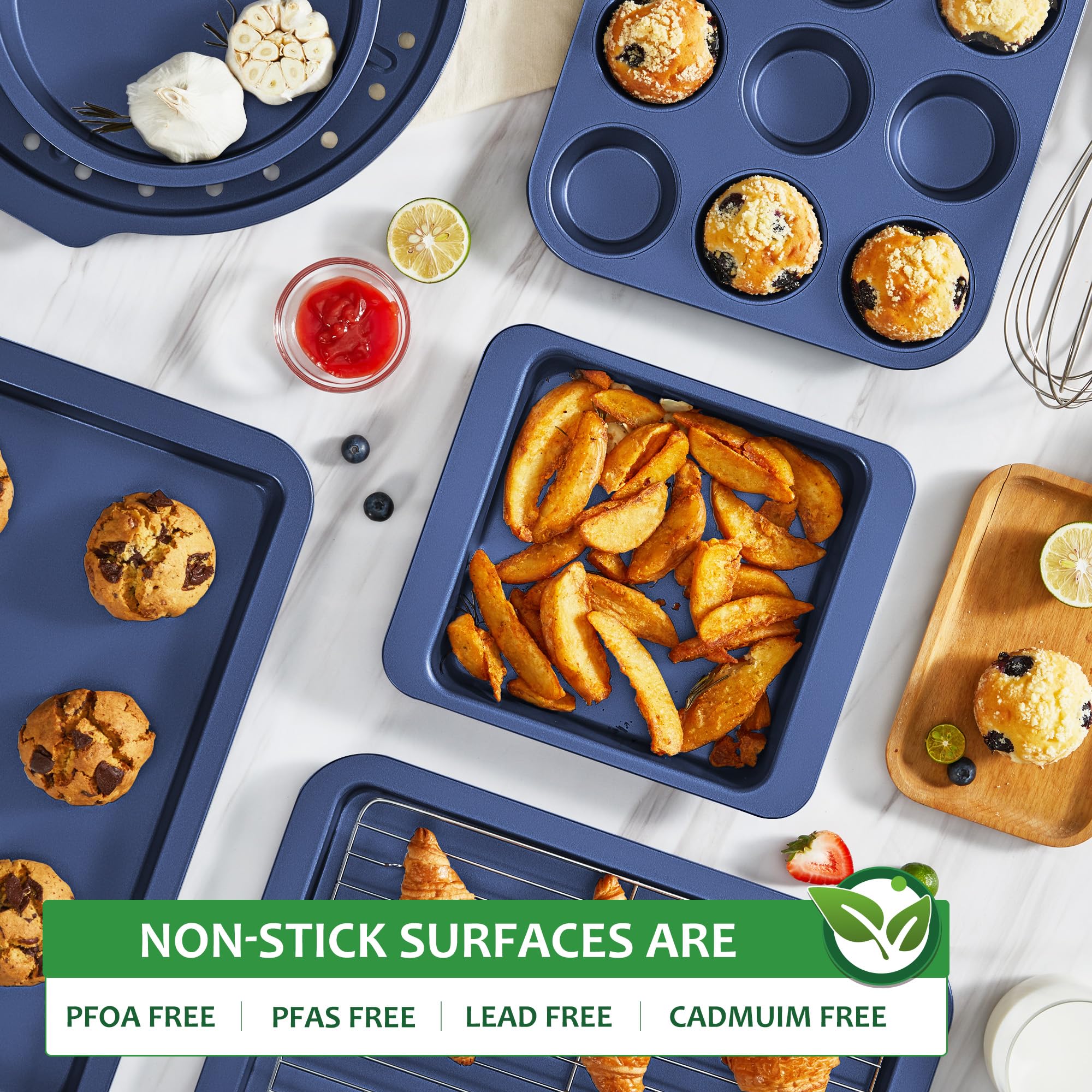 Essential nonstick bakeware set, 10-piece carbon steel baking pans with wider grips, navy blue