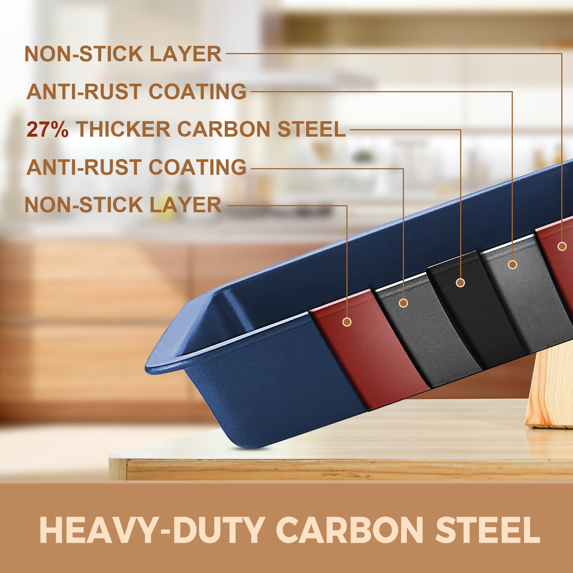 Essential nonstick bakeware set, 10-piece carbon steel baking pans with wider grips, navy blue