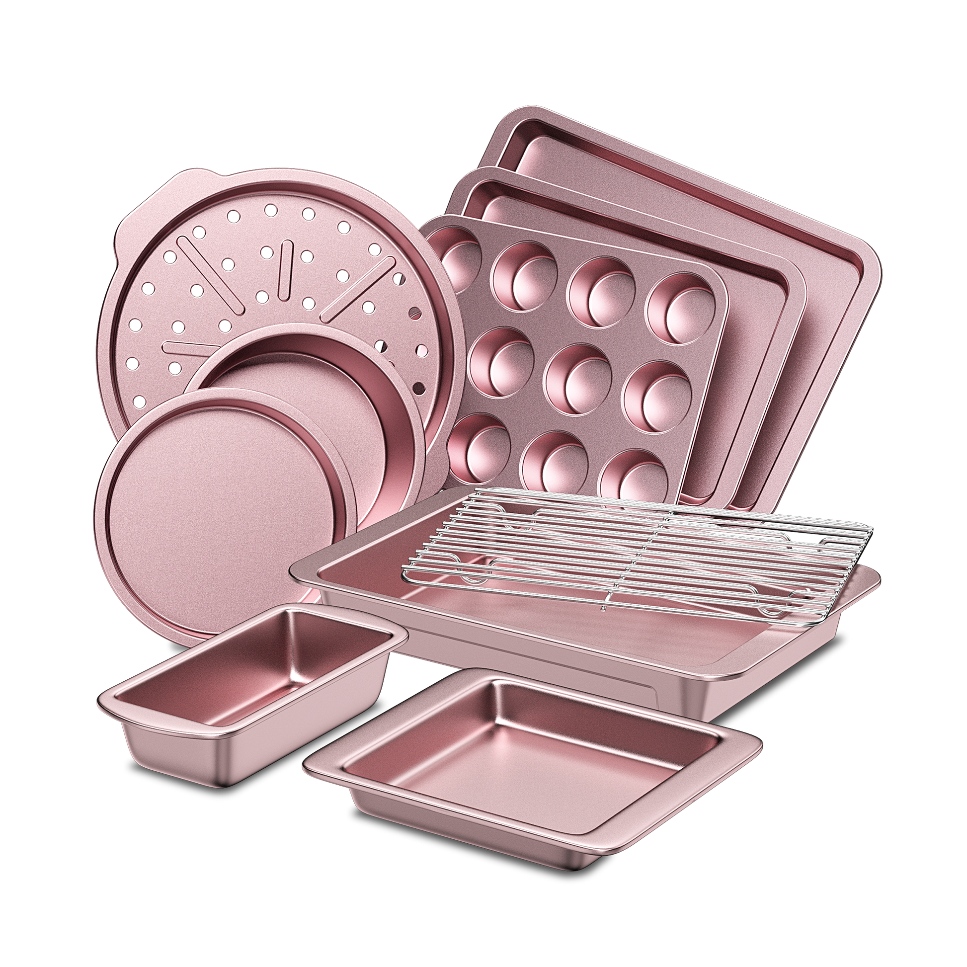 Essential nonstick bakeware set, 10-piece carbon steel baking pans with wider grips, pink