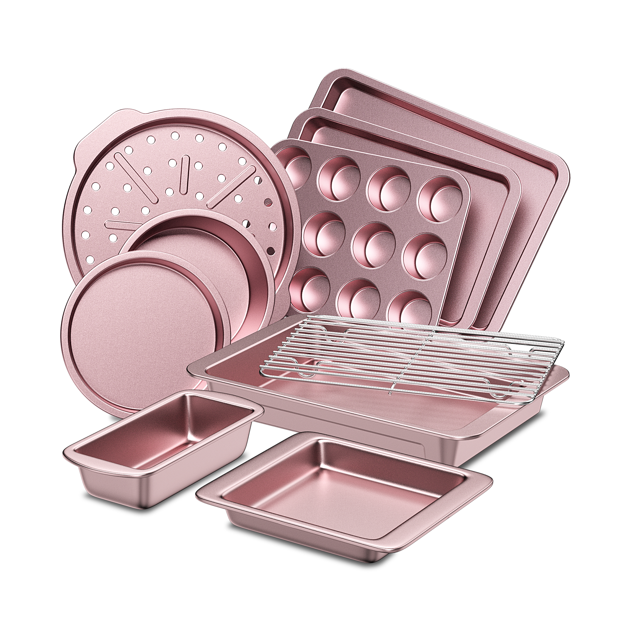 Essential nonstick bakeware set, 10-piece carbon steel baking pans with wider grips, pink