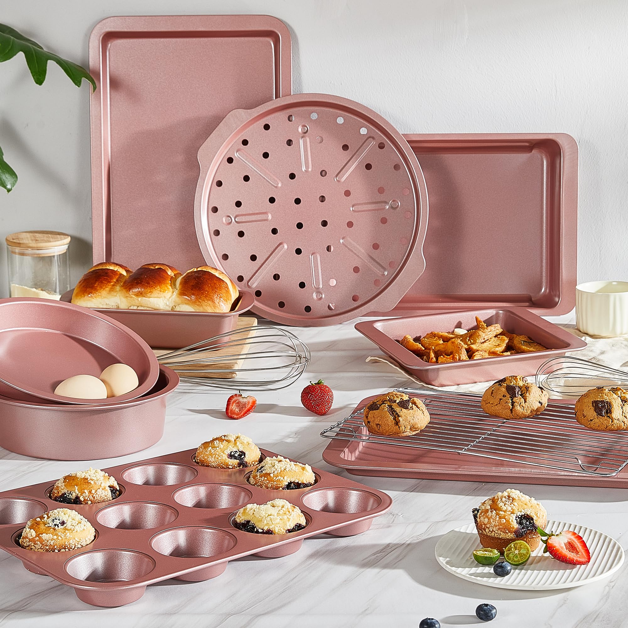 Essential nonstick bakeware set, 10-piece carbon steel baking pans with wider grips, pink