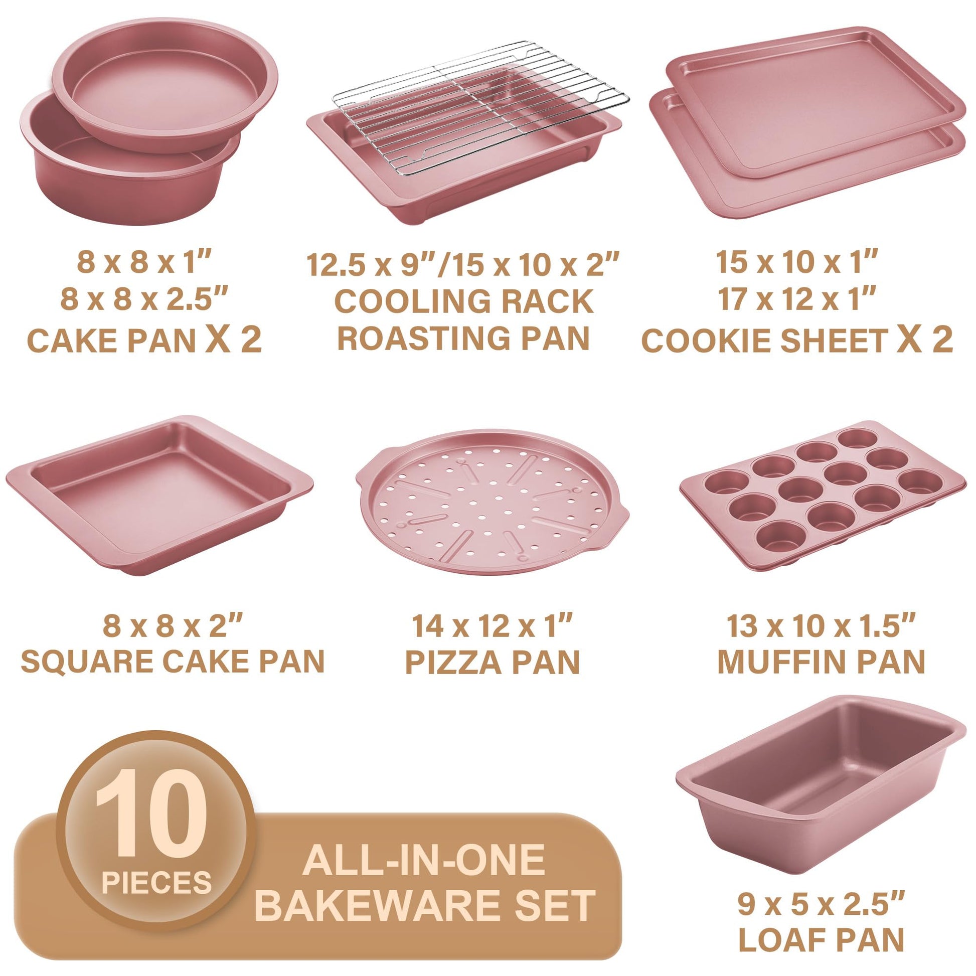 Essential nonstick bakeware set, 10-piece carbon steel baking pans with wider grips, pink