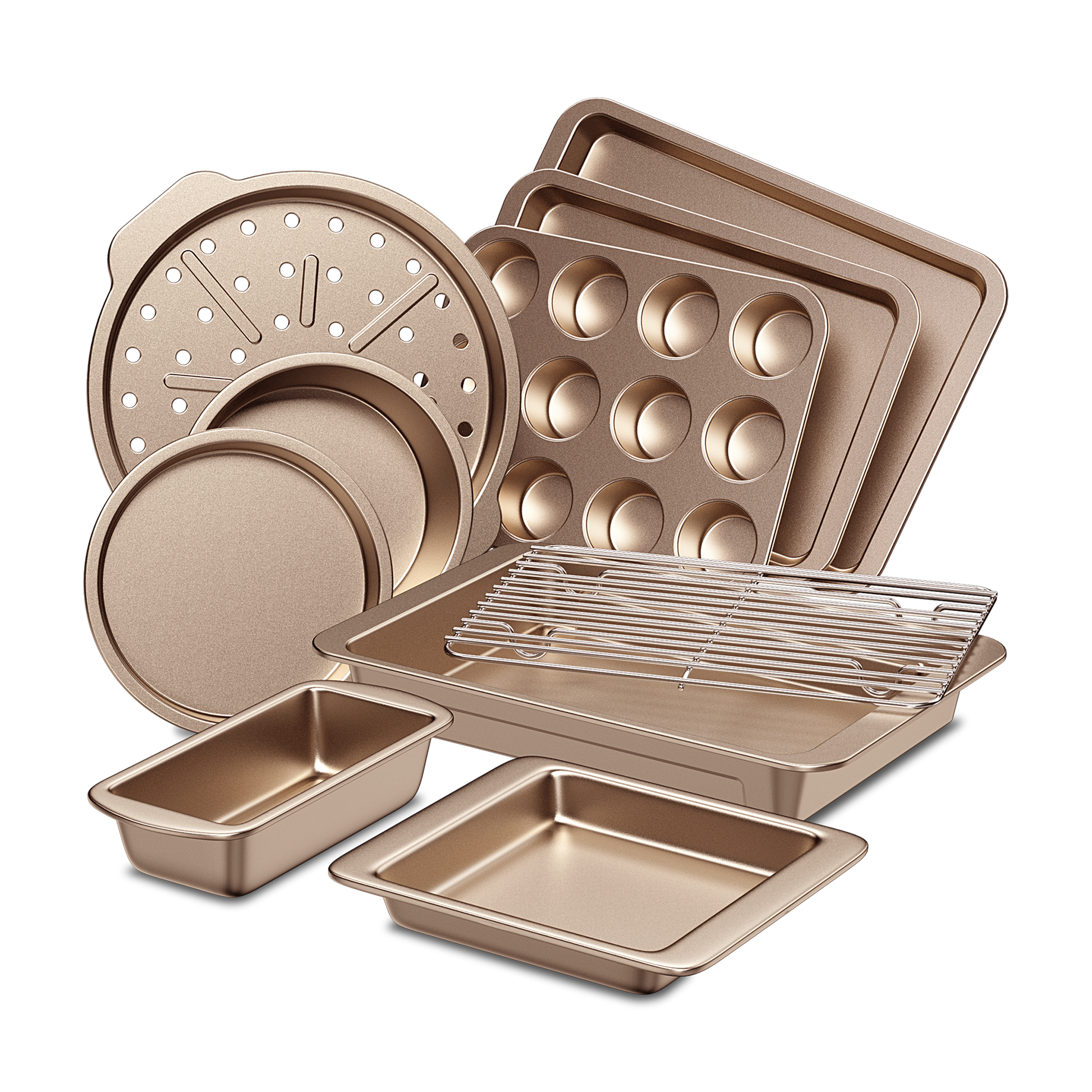 Essential nonstick bakeware set, 10-piece carbon steel baking pans with wider grips, rose gold