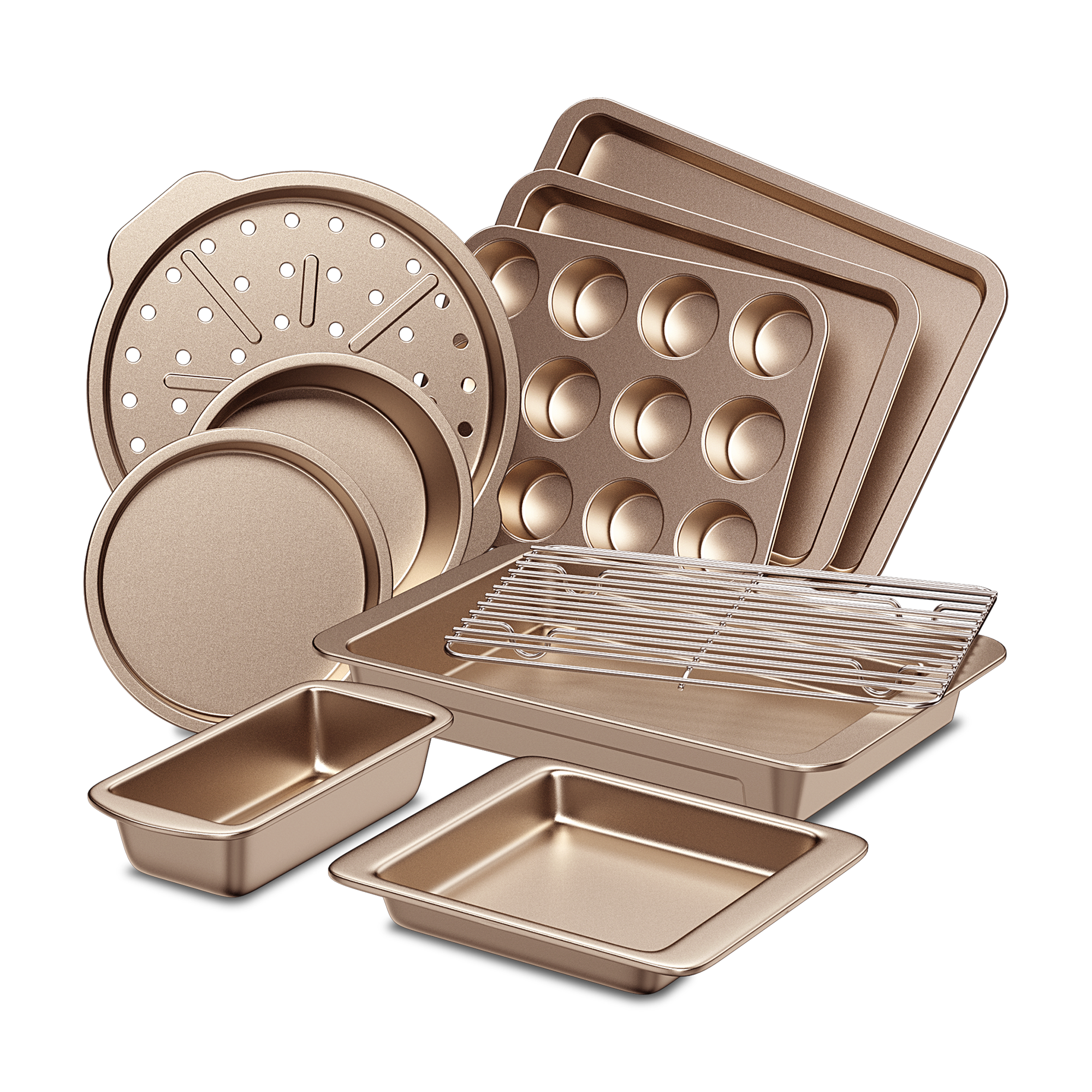 Essential nonstick bakeware set, 10-piece carbon steel baking pans with wider grips, rose gold