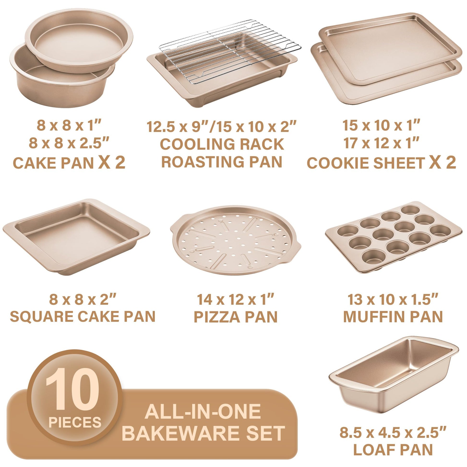 Essential nonstick bakeware set, 10-piece carbon steel baking pans with wider grips, rose gold