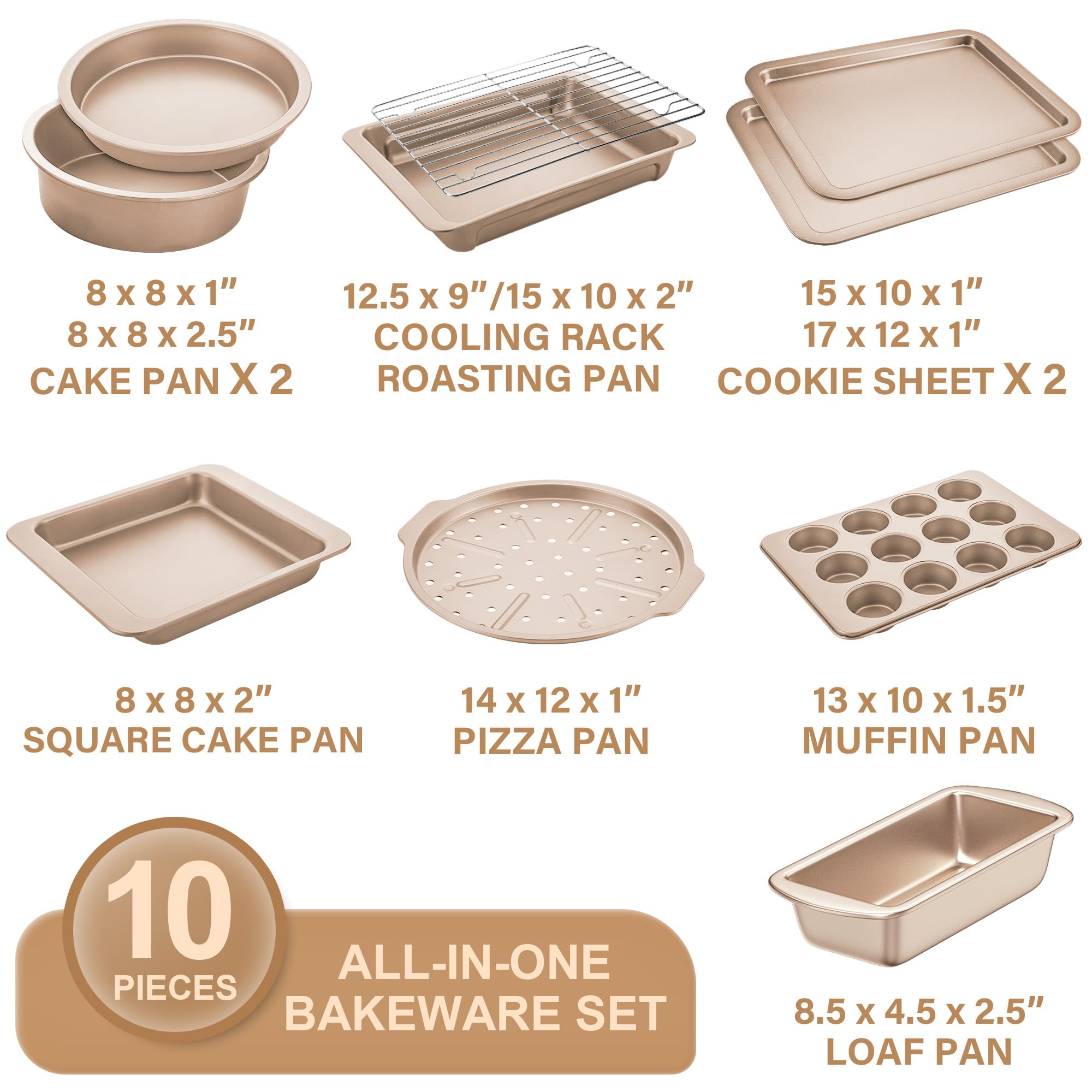 Essential nonstick bakeware set, 10-piece carbon steel baking pans with wider grips, rose gold