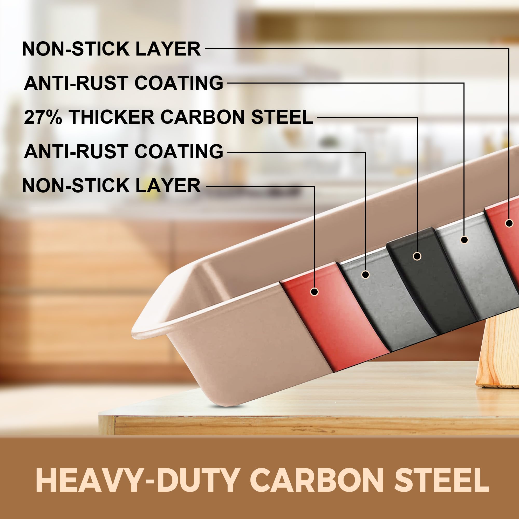 Essential nonstick bakeware set, 10-piece carbon steel baking pans with wider grips, rose gold