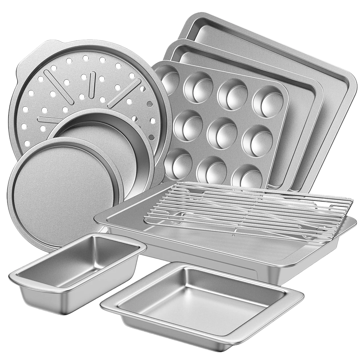 Essential nonstick bakeware set, 10-piece carbon steel baking pans with wider grips, silver