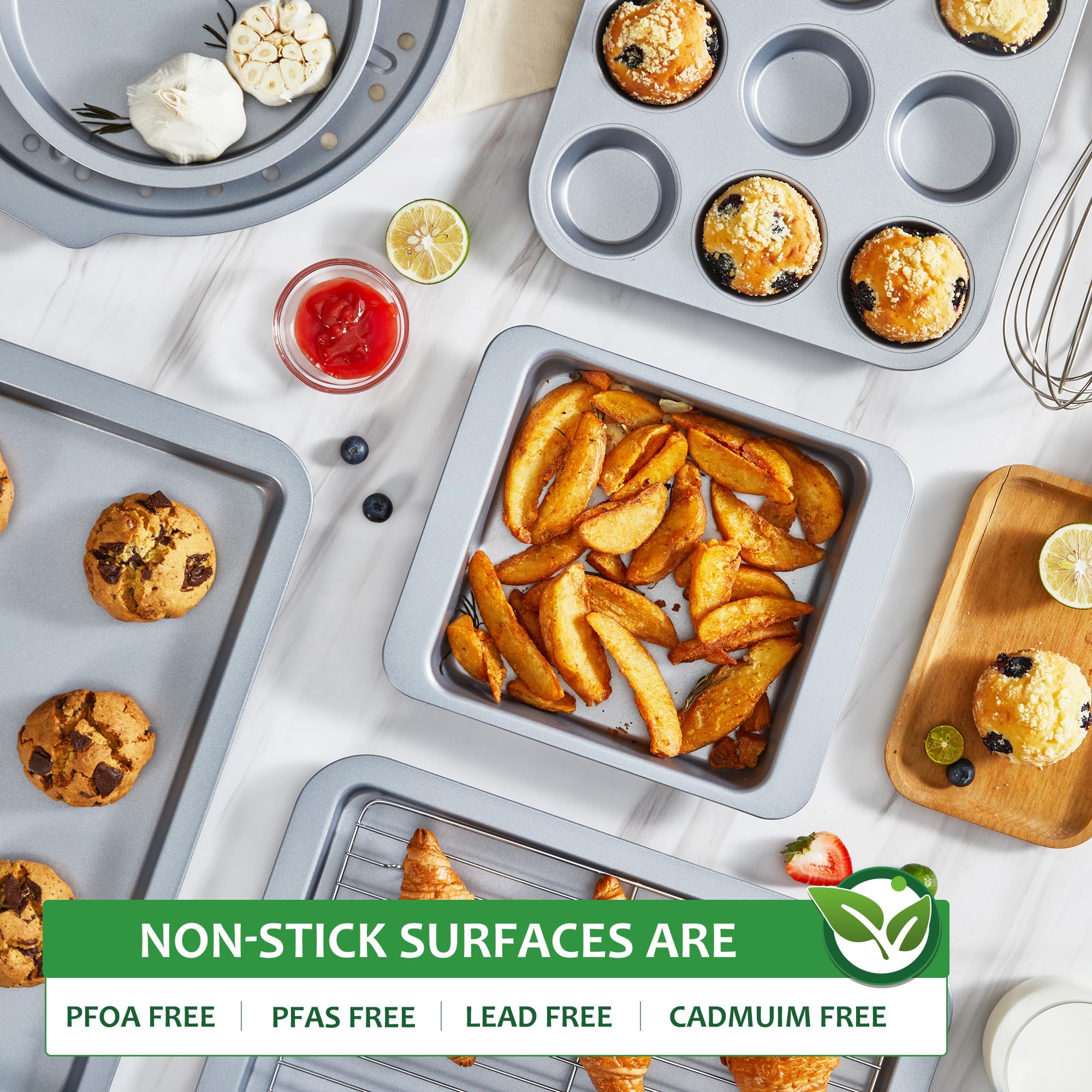 Essential nonstick bakeware set, 10-piece carbon steel baking pans with wider grips, silver